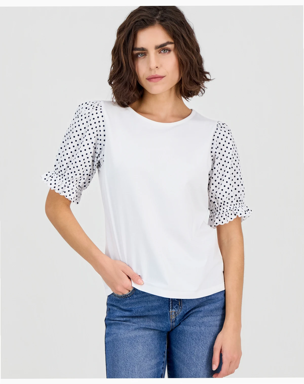 Nautica Women's Round-Neck Contrast-Puff-Sleeve Top