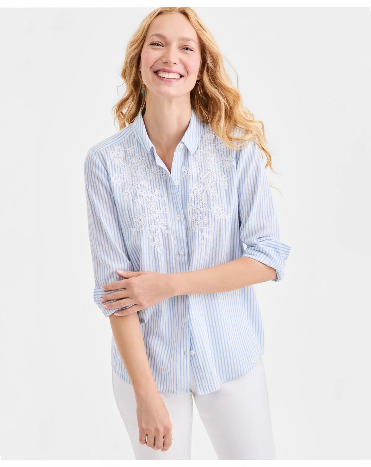 Women's Striped Embroidered Perfect Shirt, Macy's Exclusive