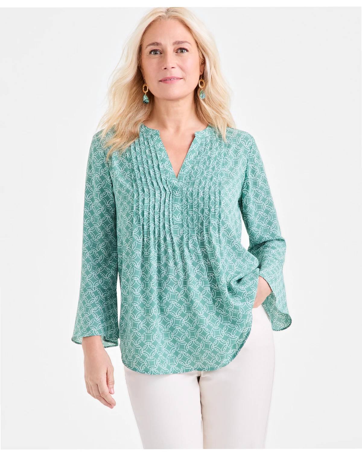 Women's Printed Pintuck Ruffle Sleeve Top, Exclusively at Macy's