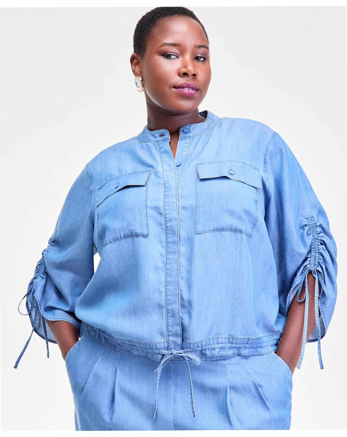 Women's Chambray Tie-Sleeve Pocket Blouse, Macy's Exclusive