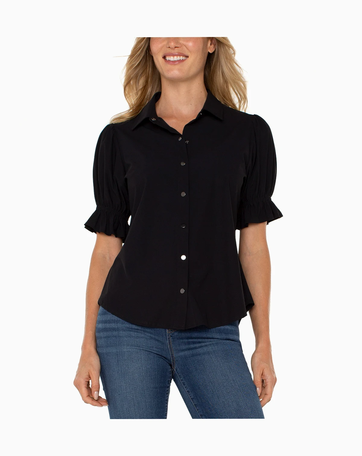 Women's Elbow Puff Sleeve Snap Front Collar Top