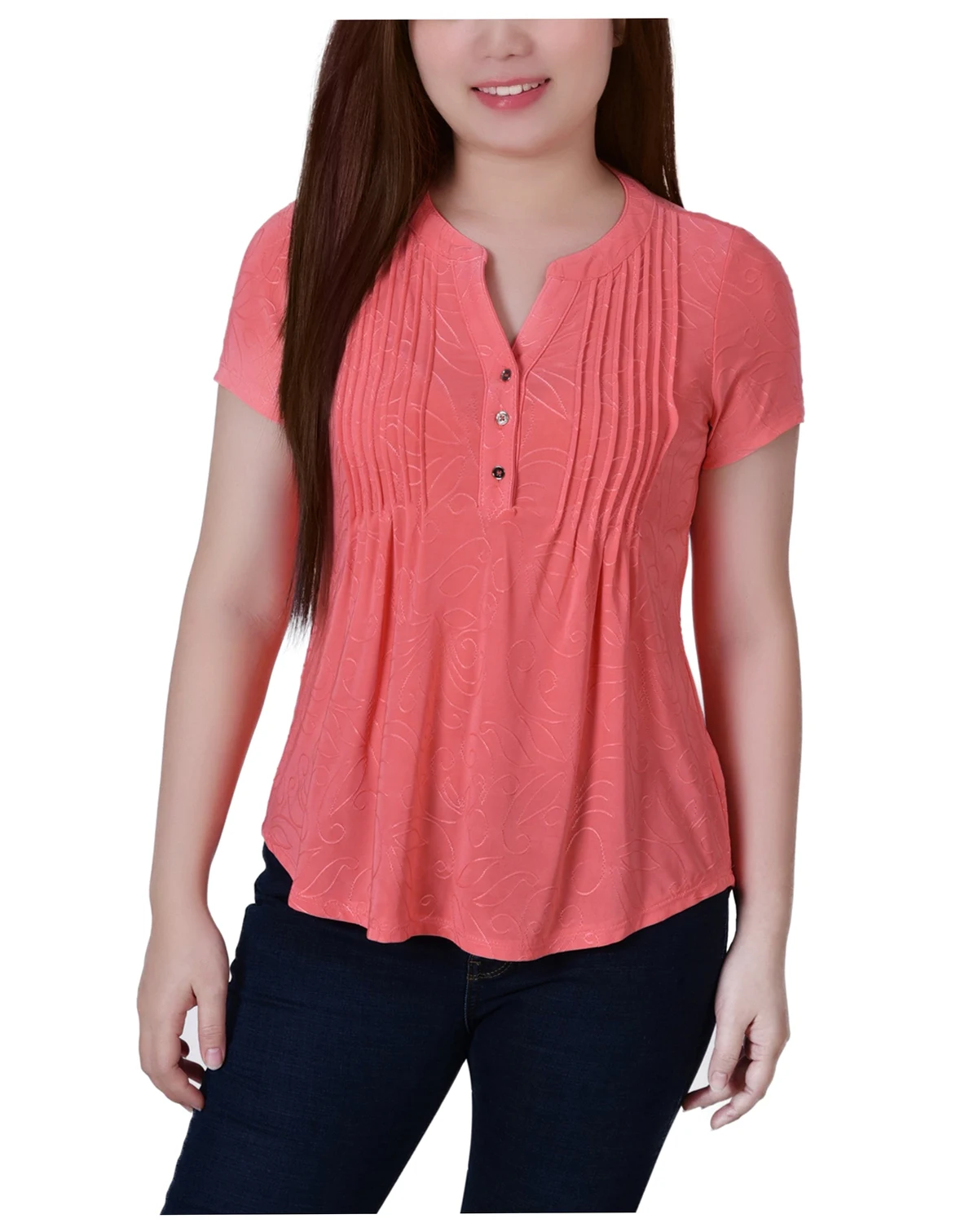 Petite Short Sleeve Y Neck Jacquard Knit Top