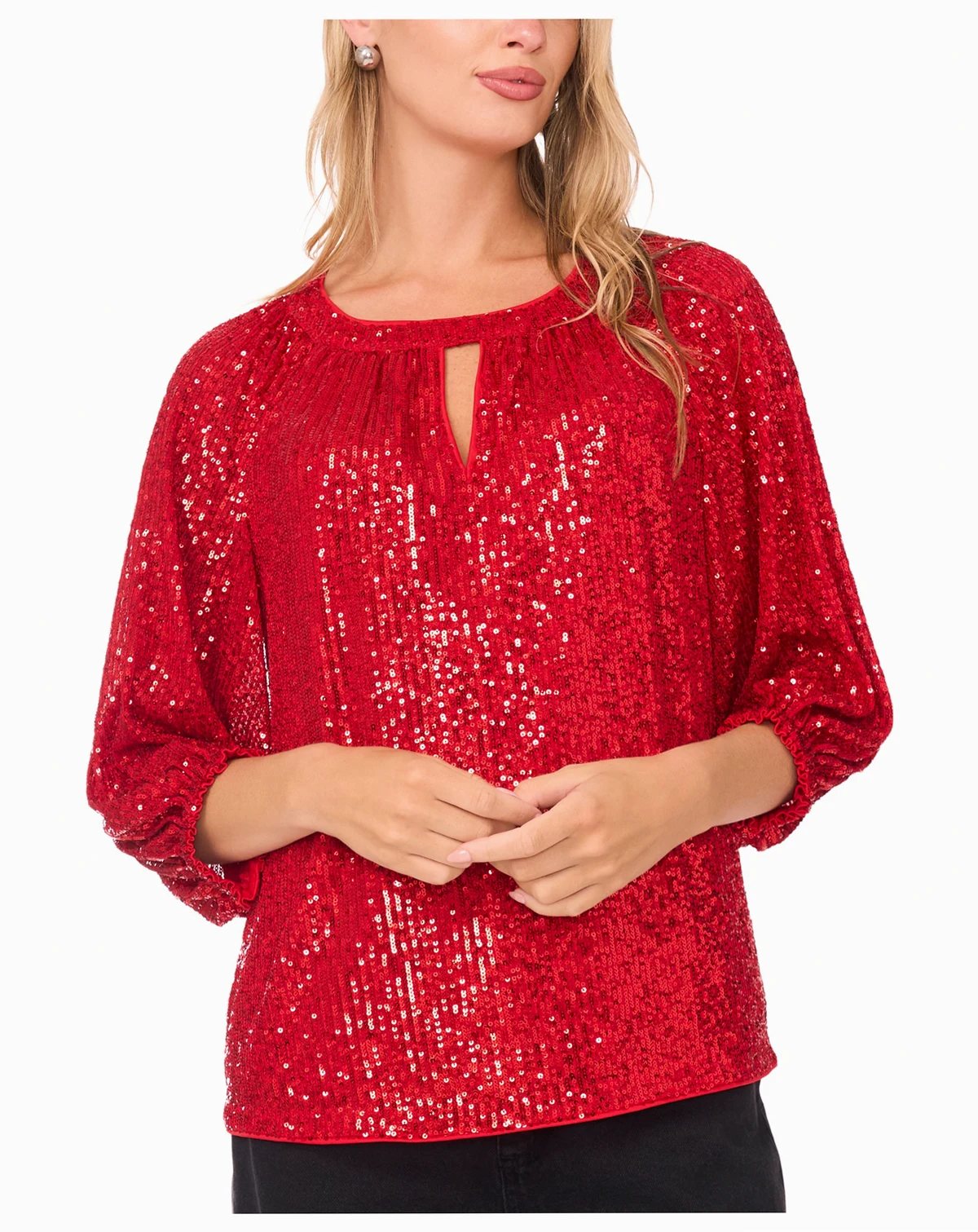 Women's Crewneck Keyhole Sequin Puff 3/4-Sleeve Top