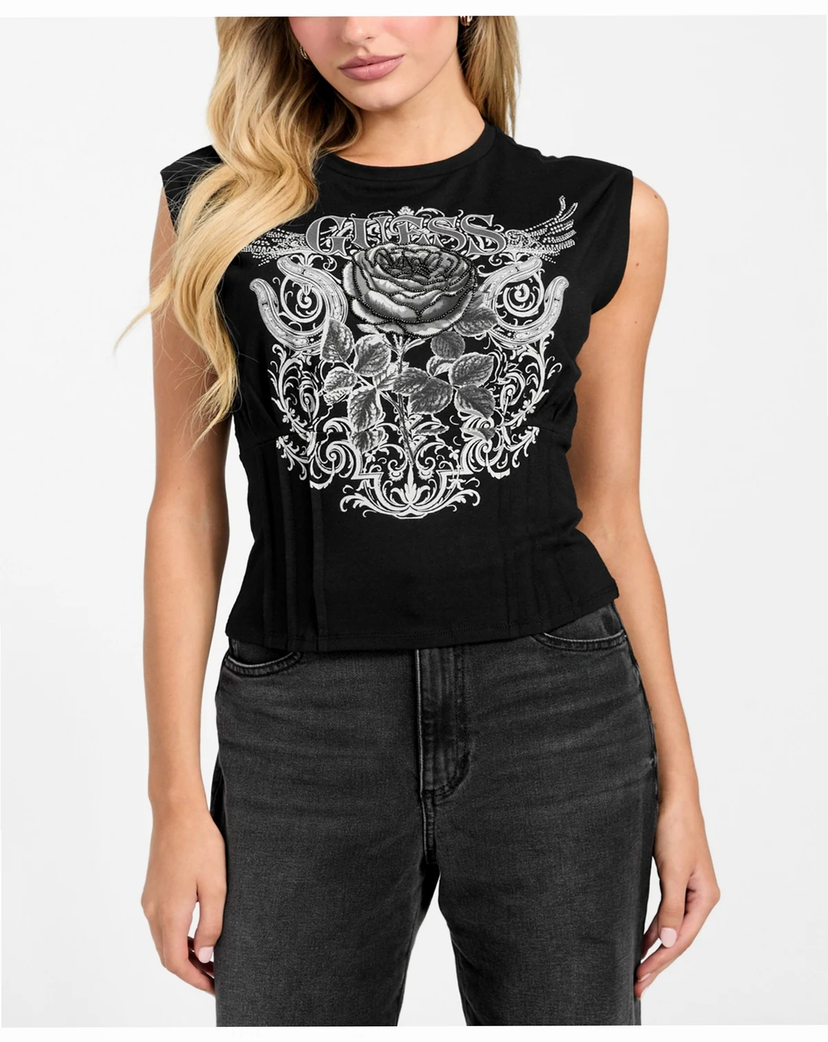 Women's Rose Graphic Corset-Detail Top