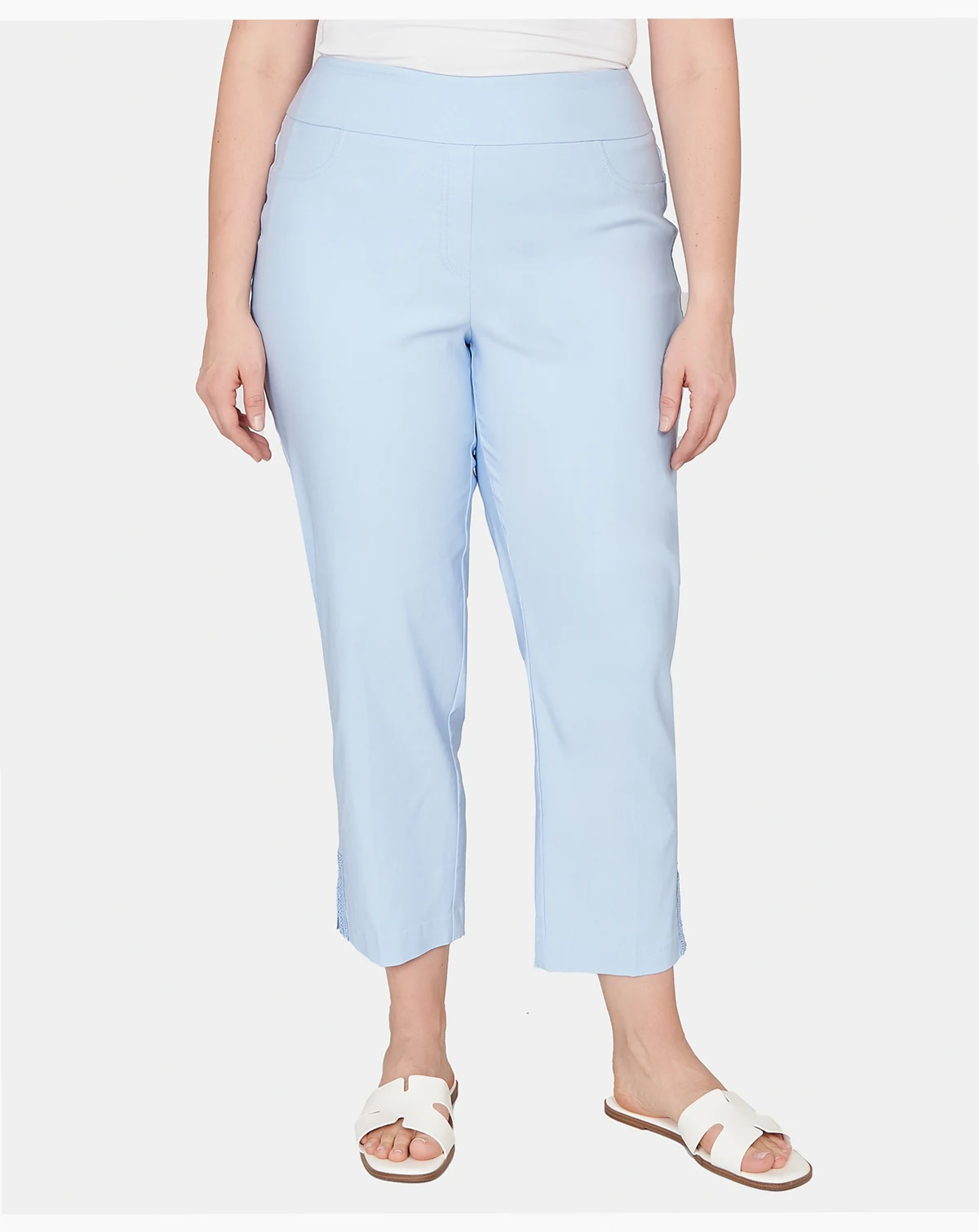 Plus Size Lace Trim Pull On Silky Tech Ankle Pants