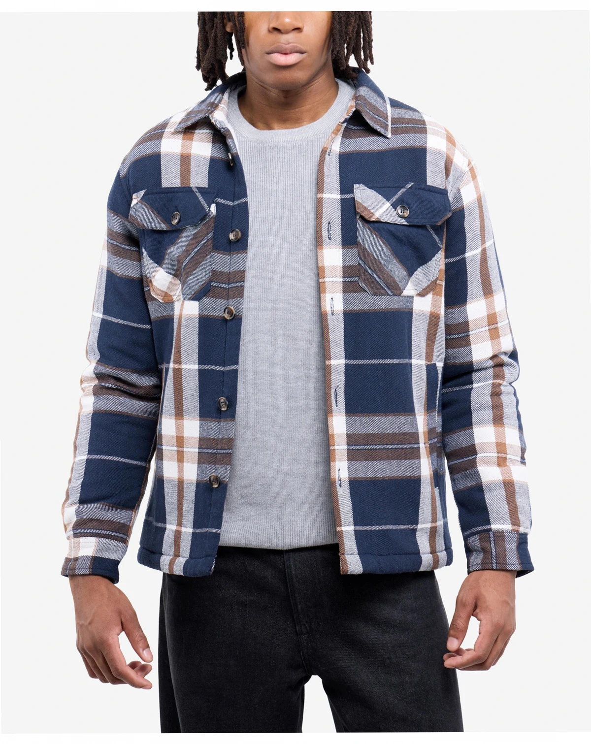 Men's Cotton Plaid Flannel Button-Up Shirt Jacket With Faux Shearling Lining