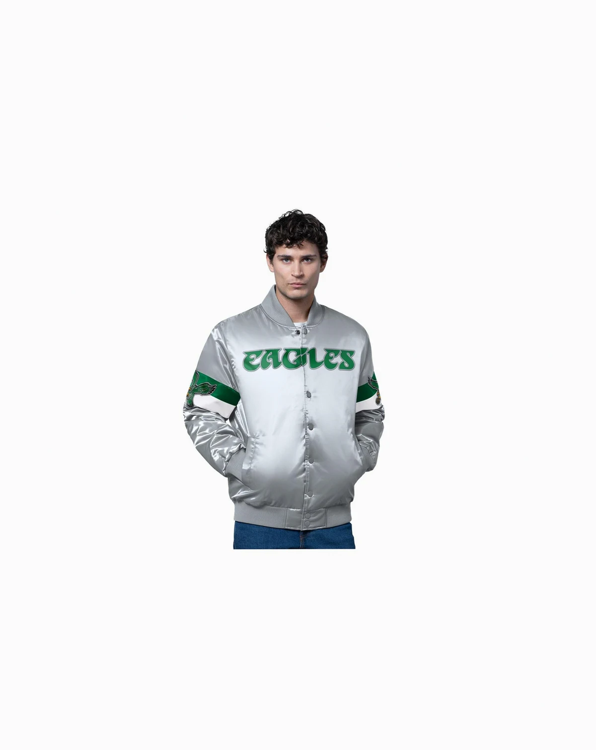 Men's Silver Philadelphia Eagles Triple Option Full-Snap Varsity with Logo Jacket