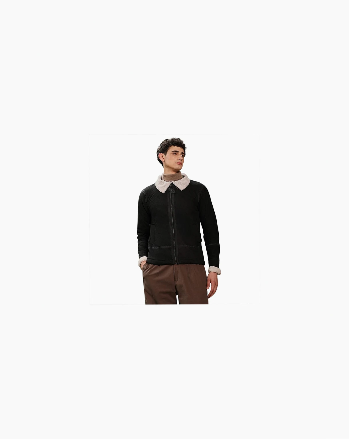 Men's Midnight Black Contrast Sherpa-Lined Suede Rider Jacket
