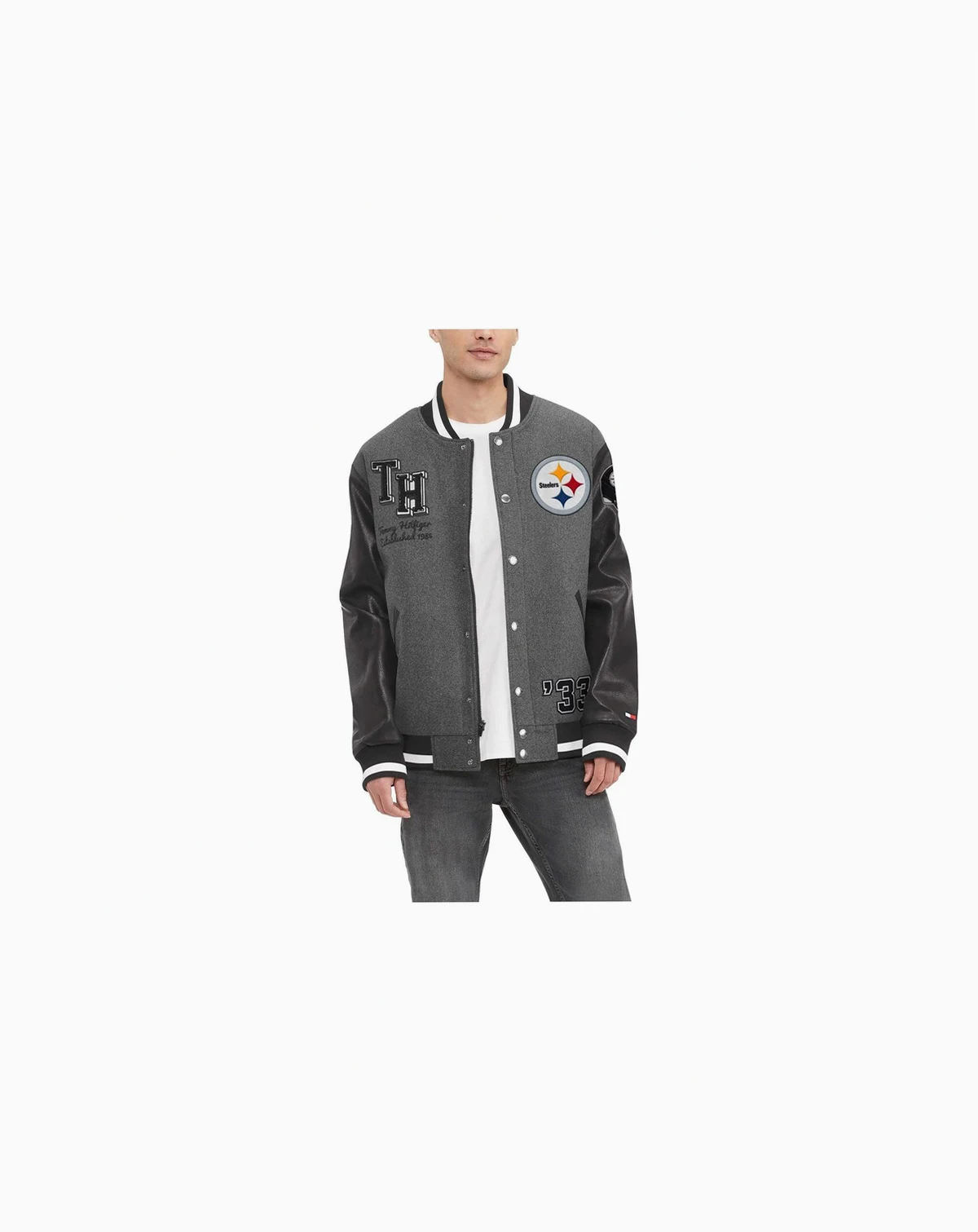 Men's Heather Gray, Black Pittsburgh Steelers Gunner Full-Zip Varsity Jacket