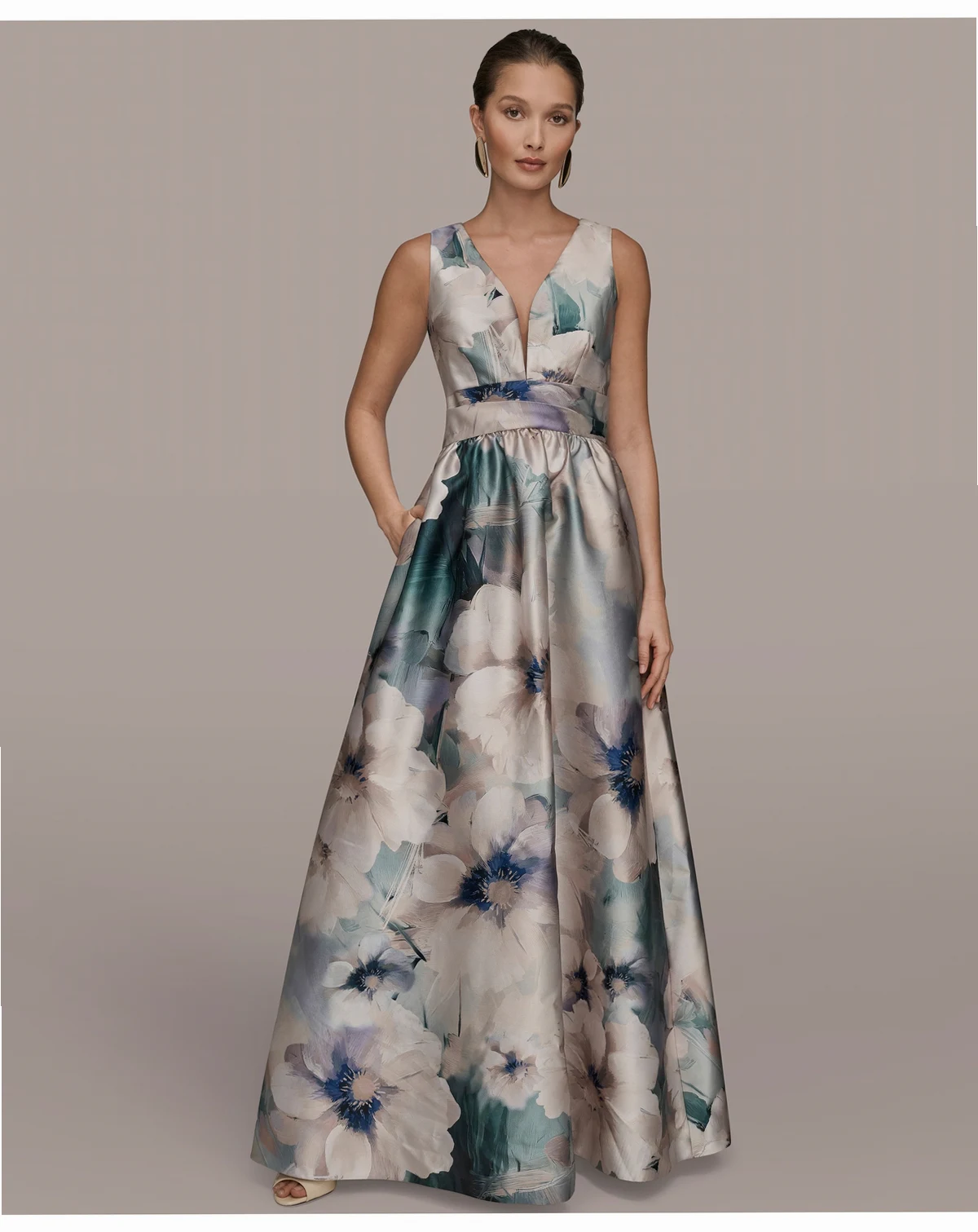 Women's Floral Print Sleeveless Pleated A-line Ball Gown