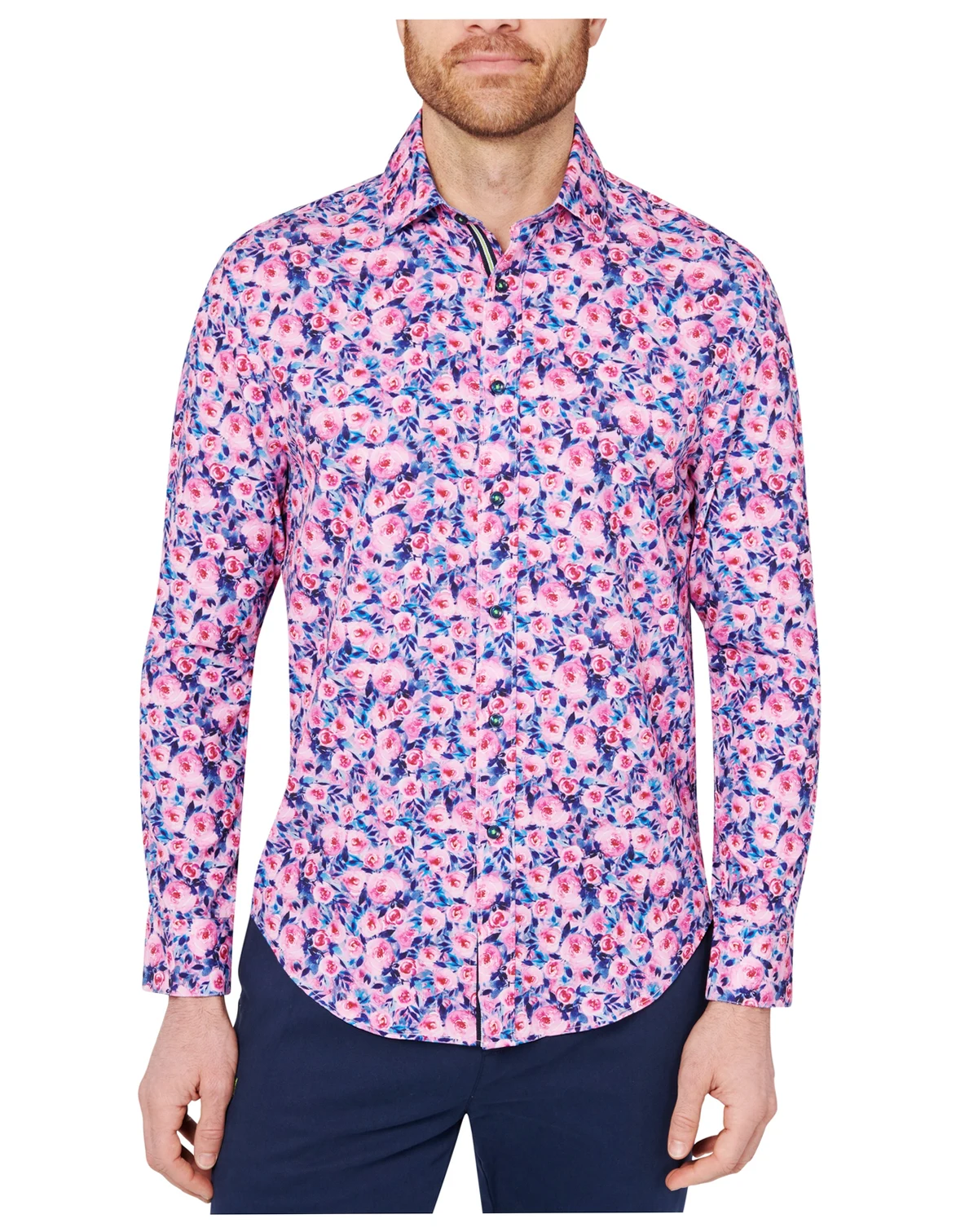 Men's Slim Fit Non-Iron Floral Print Performance Stretch Button-Down Shirt