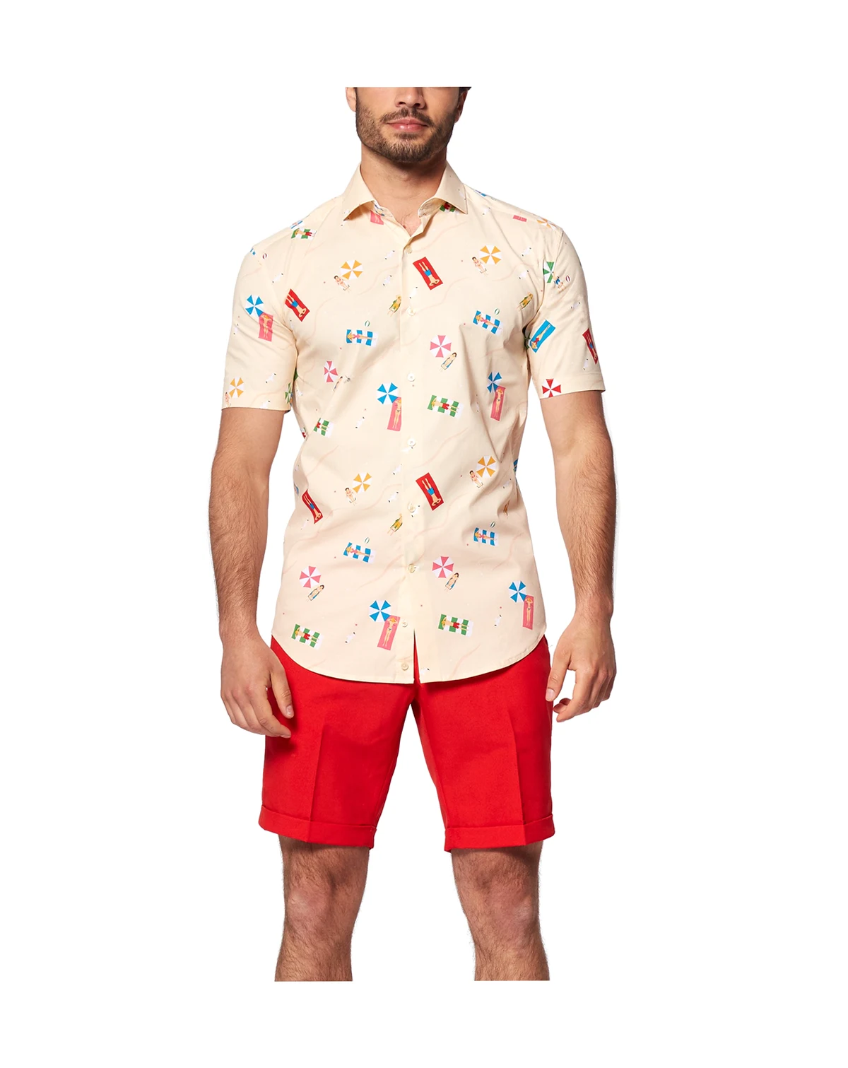 Big & Tall Beach Shirt - Short Sleeved Button Down Dress Shirt - Slim Fit - Beige