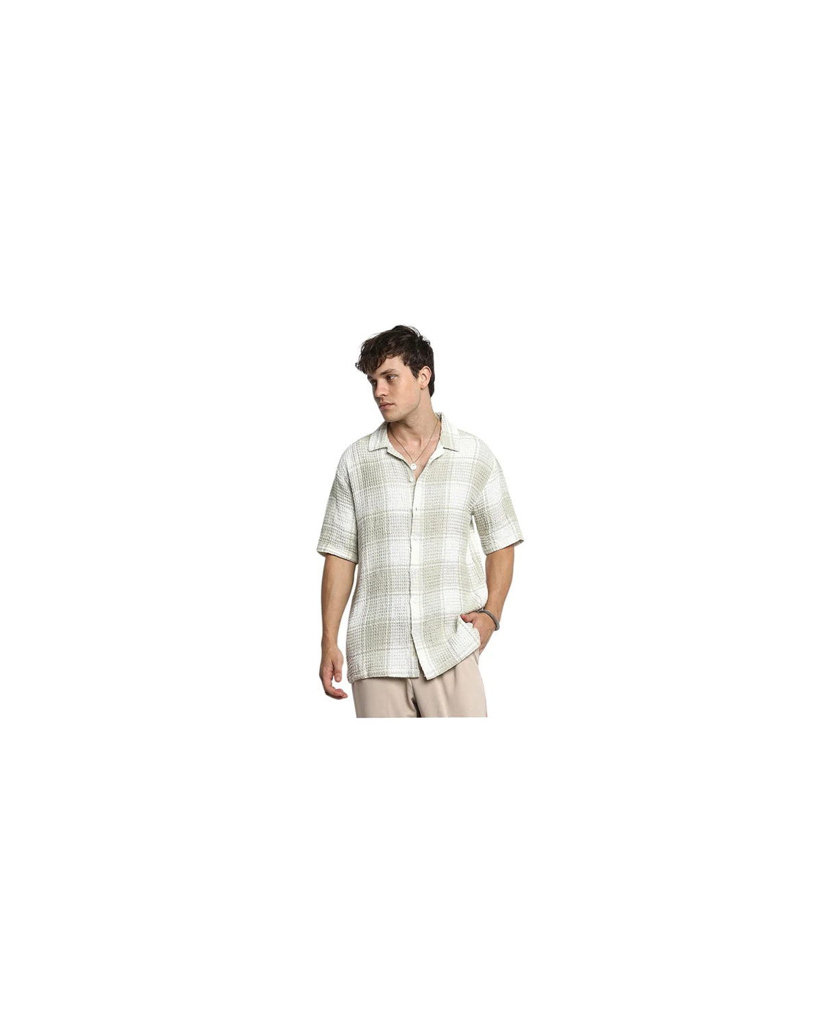 Men's Greige & Ivory White Buffalo Check Oversized Shirt