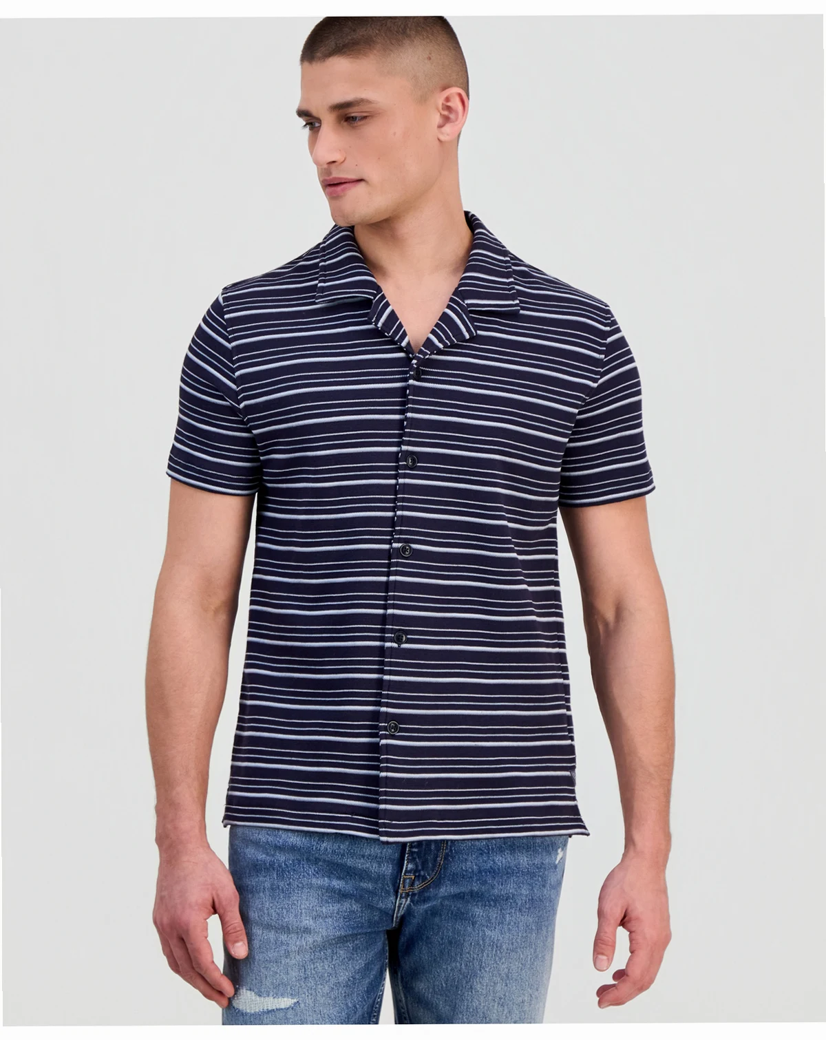 Men's Linear Striped Bouclé Knit Camp Shirt