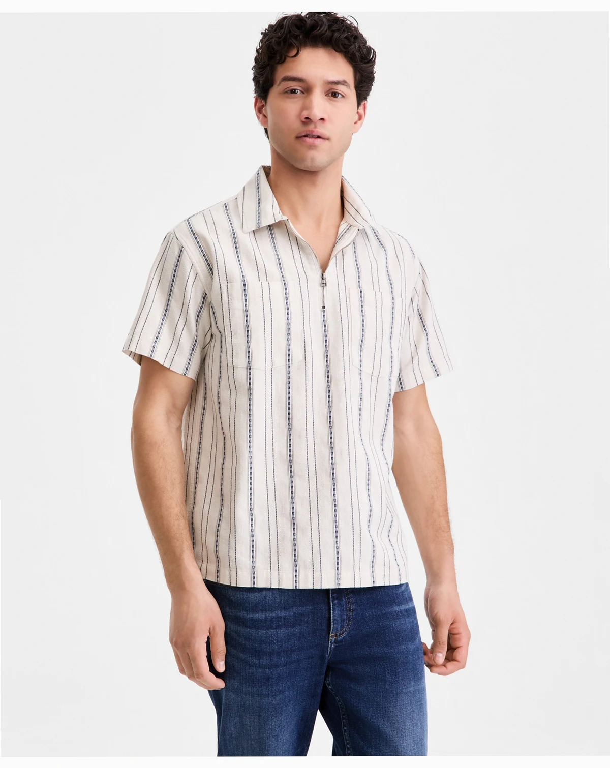 Men's Cotton Anchor-Stripe Quarter-Zip Shirt, Macy's Exclusive