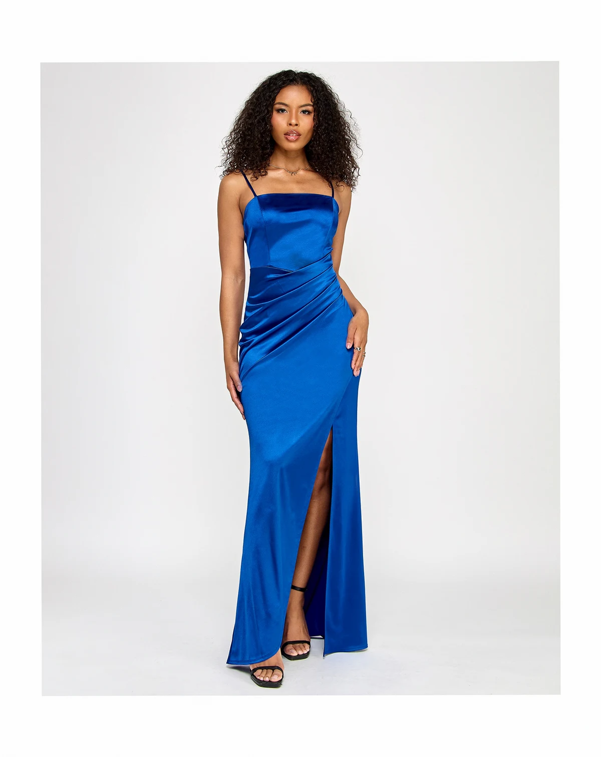 Juniors' Satin Pleated Slit Gown
