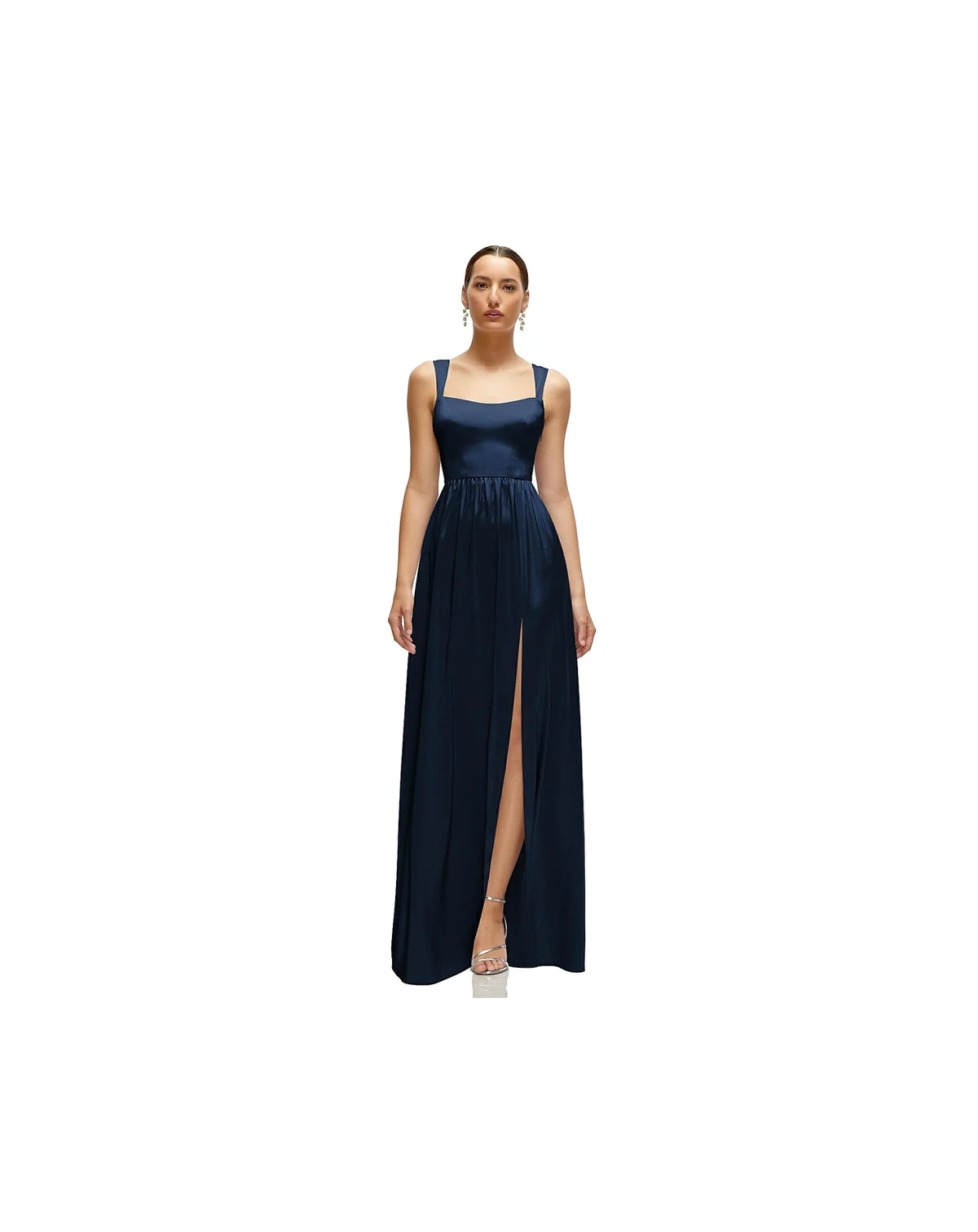 Women's Shaped Strap Portrait Neckline Fluid Satin Maxi Dress with Full Skirt