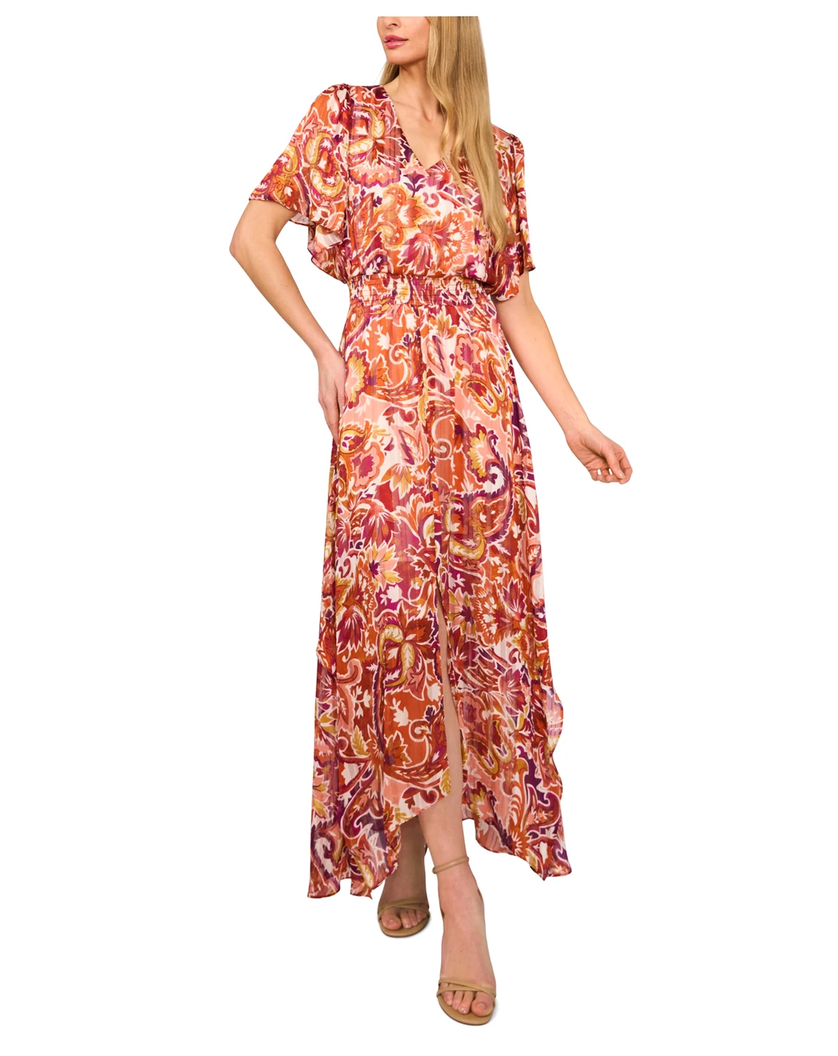 Women's Smocked Waist Flutter Sleeve Maxi Dress