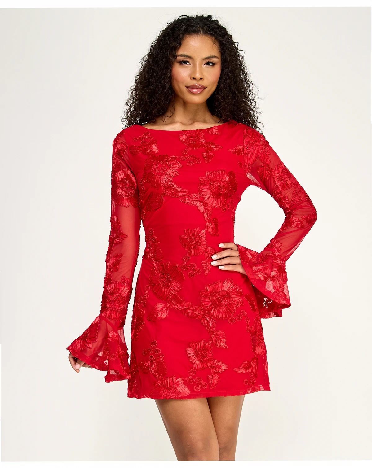Juniors Boat Neck Soutache Dress with Flared Long Sleeves and Back Tie Detail