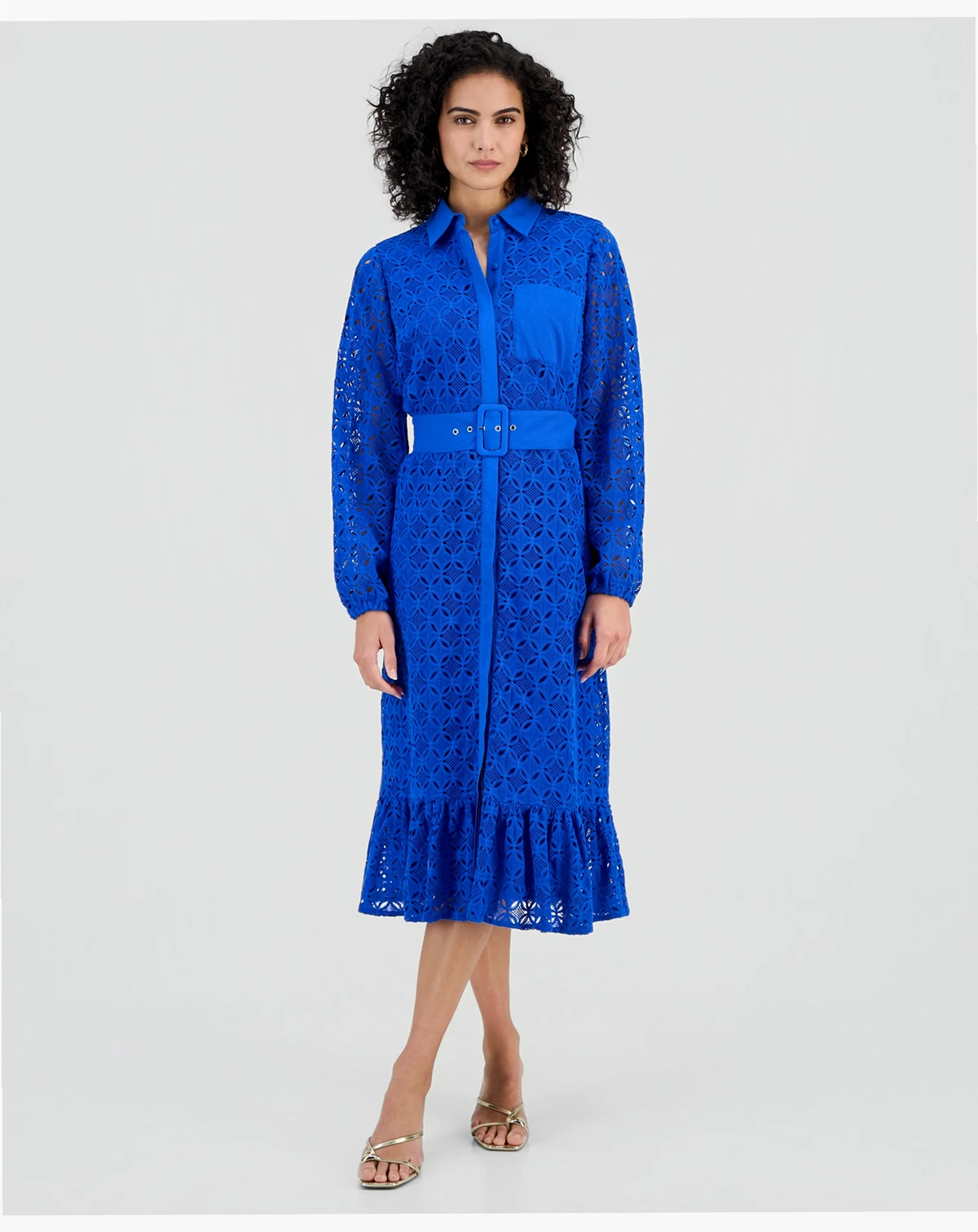 Women's Cotton Belted Lace Midi Dress