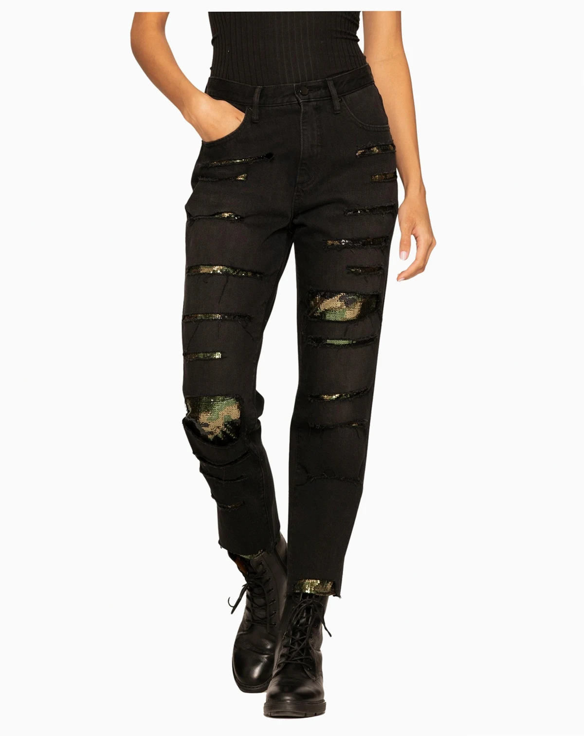Women's High Rise Camo Sequin Straight Leg Jeans