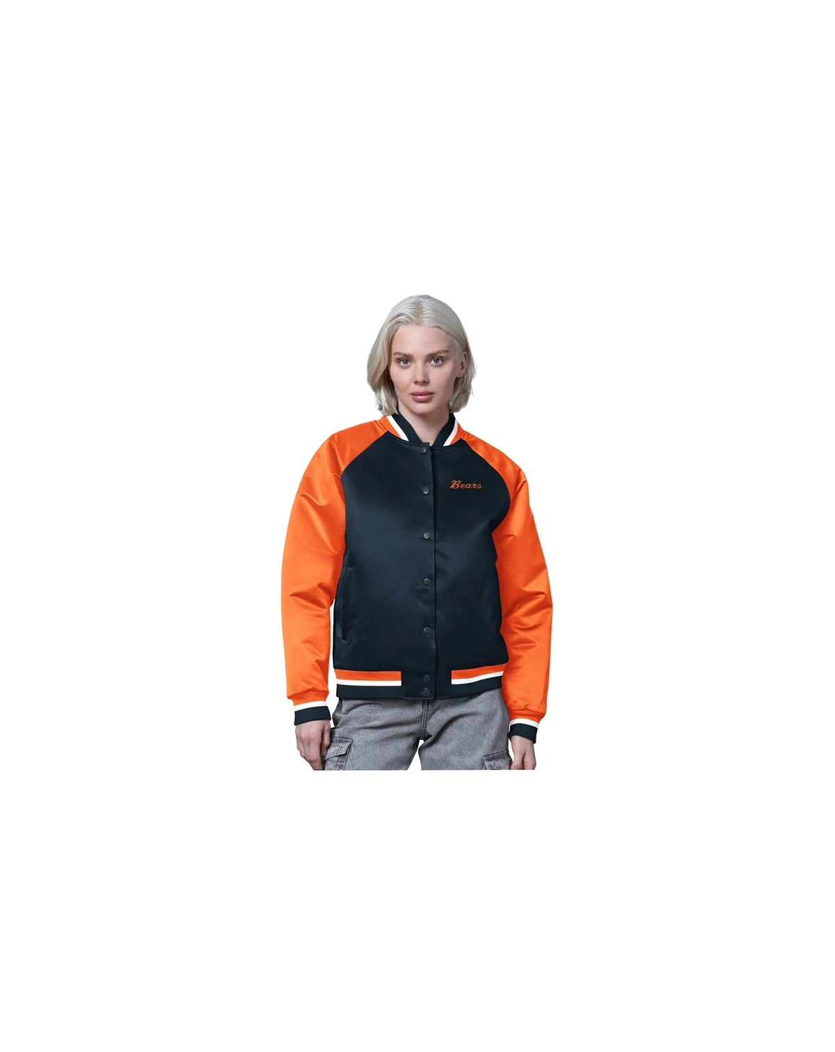 Women's Navy/Orange Chicago Bears Satin Full-Snap Vintage Varsity Jacket