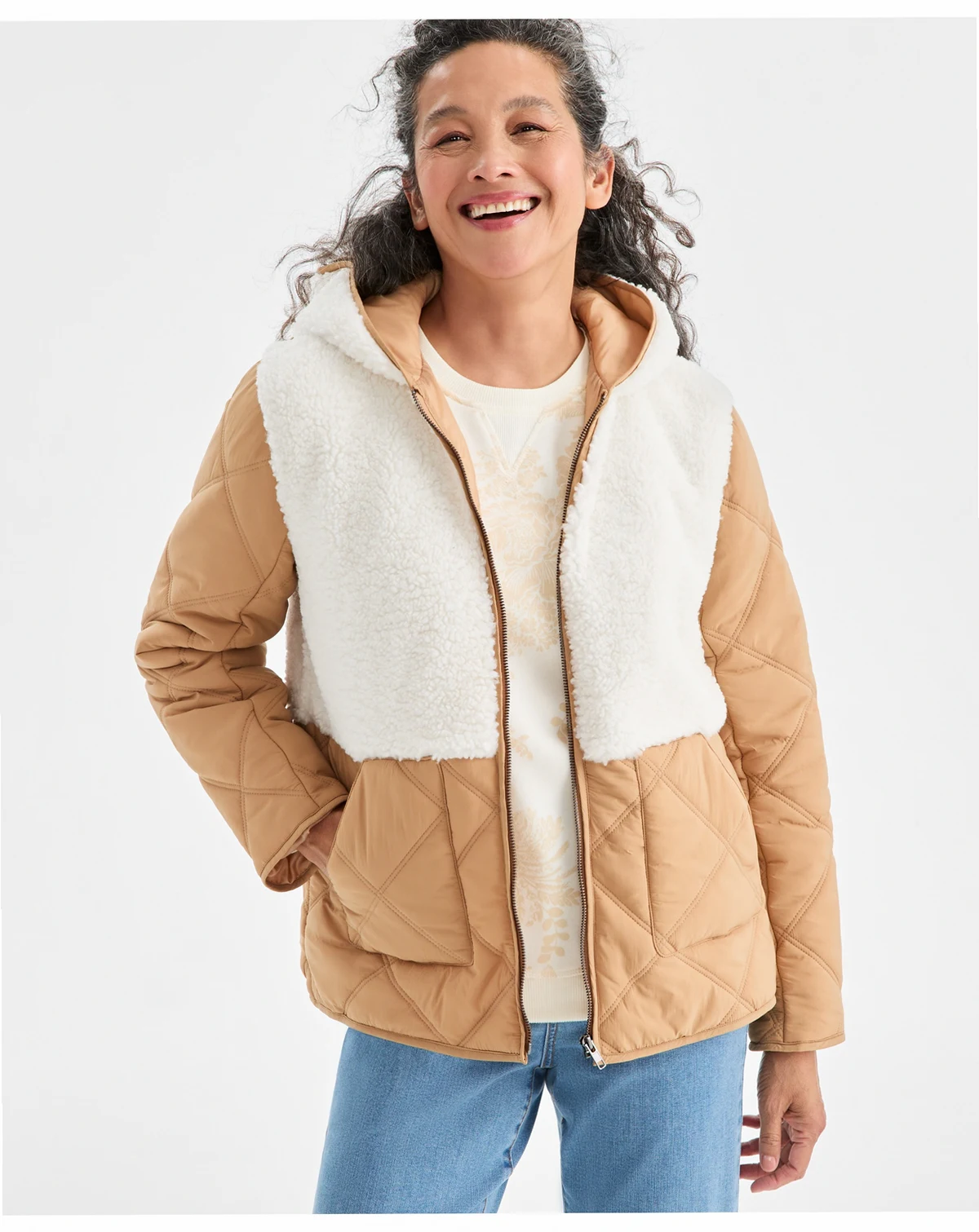 Petite Mixed Media Hooded Sherpa Jacket, Macy's Exclusive