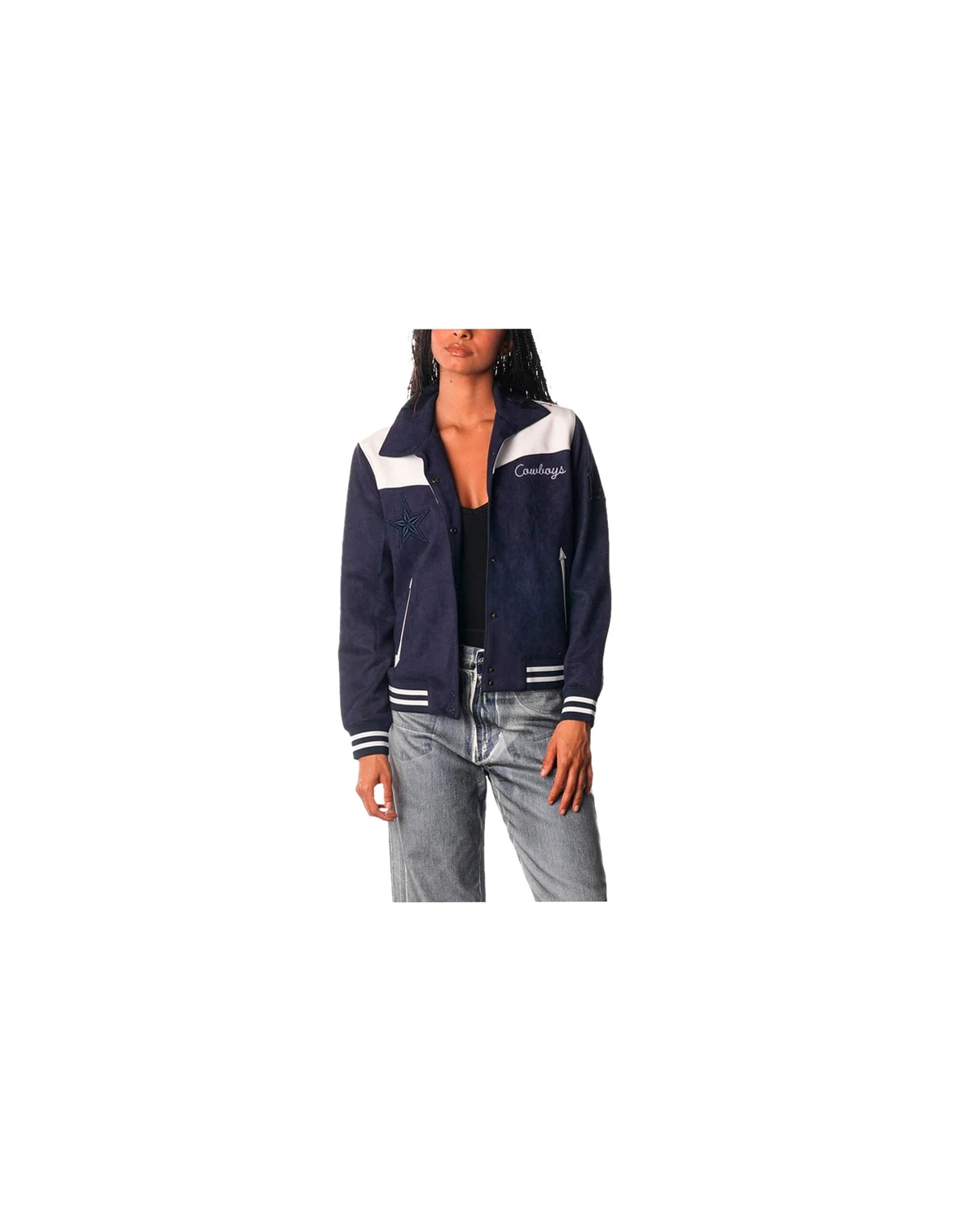 Women's Navy Dallas Cowboys Suede Full-Snap Bomber Jacket