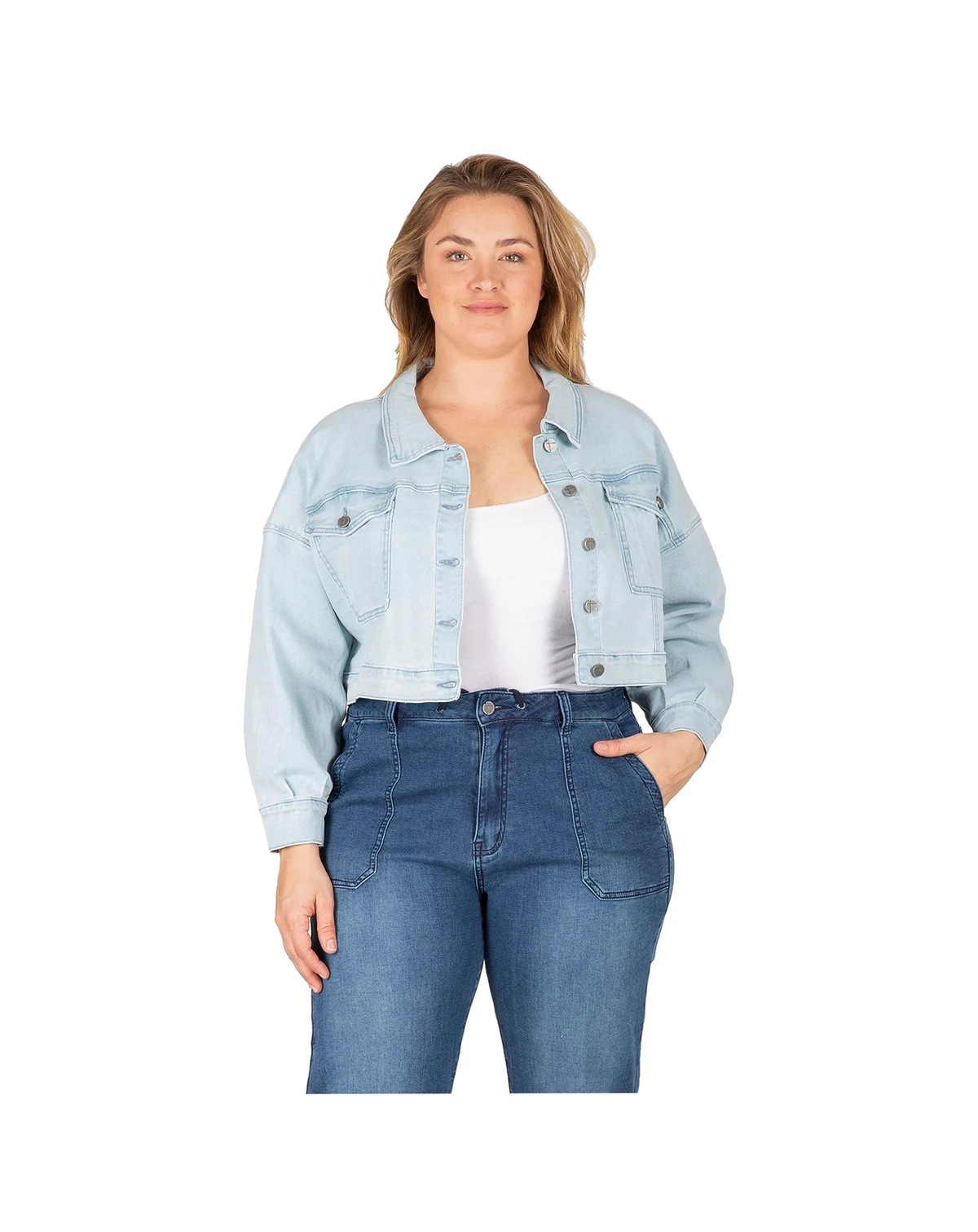 Women's Plus Size Cropped Denim Trucker Jacket