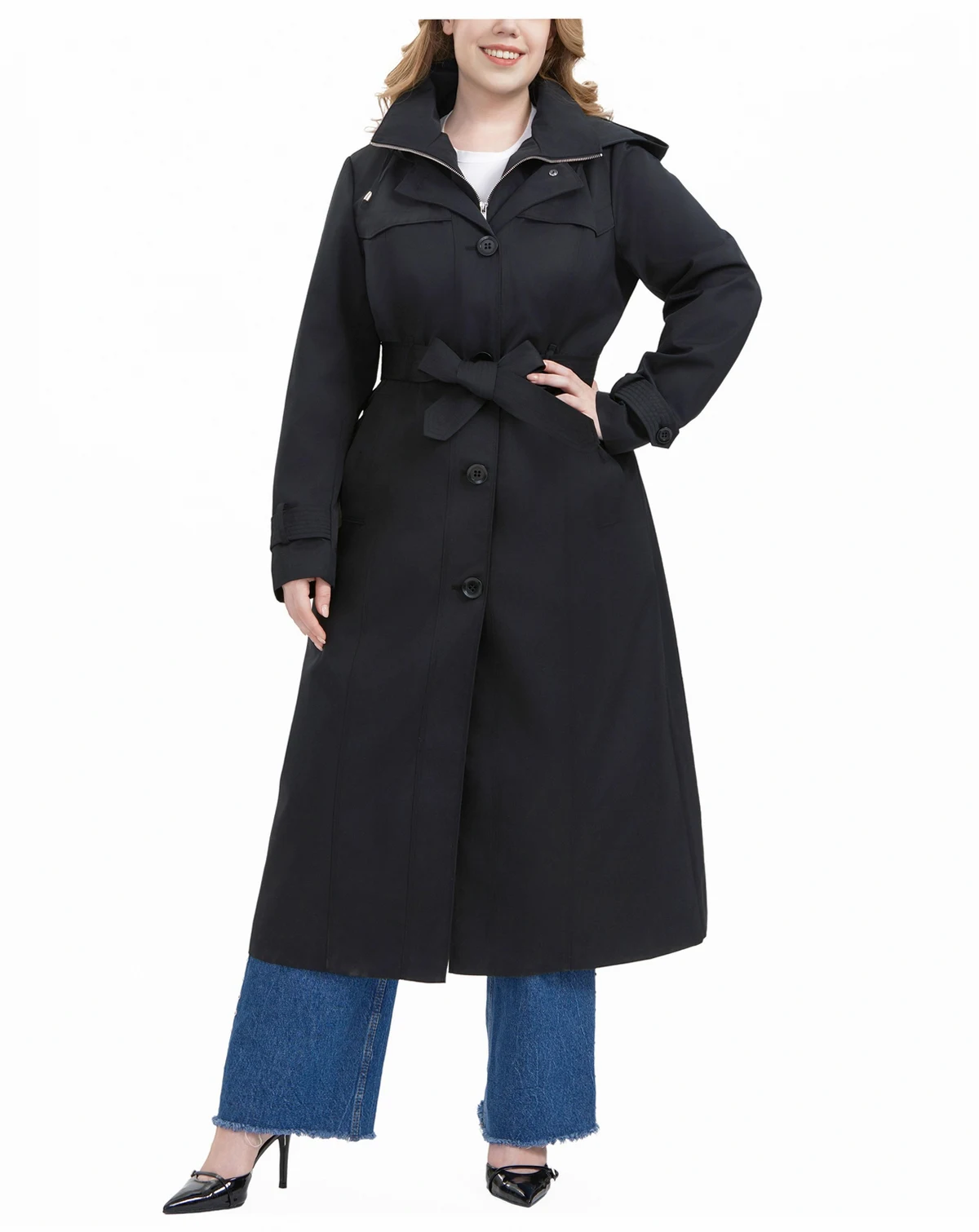 Plus Size Hooded Water-Resistant Trench Coat
