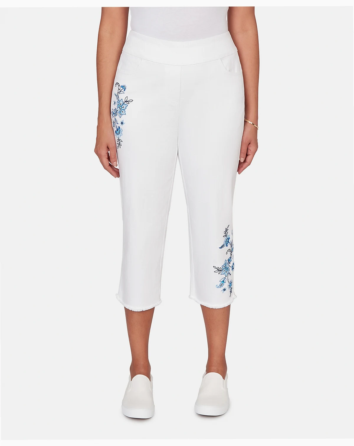 Women's  Mykonos Floral Embroidered Fringe Super Stretch Denim Capri