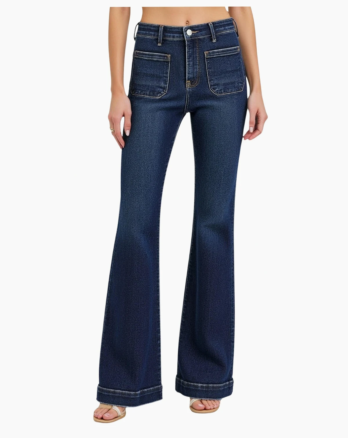 Women's High Waist Flare Front Patch Pocket Jeans