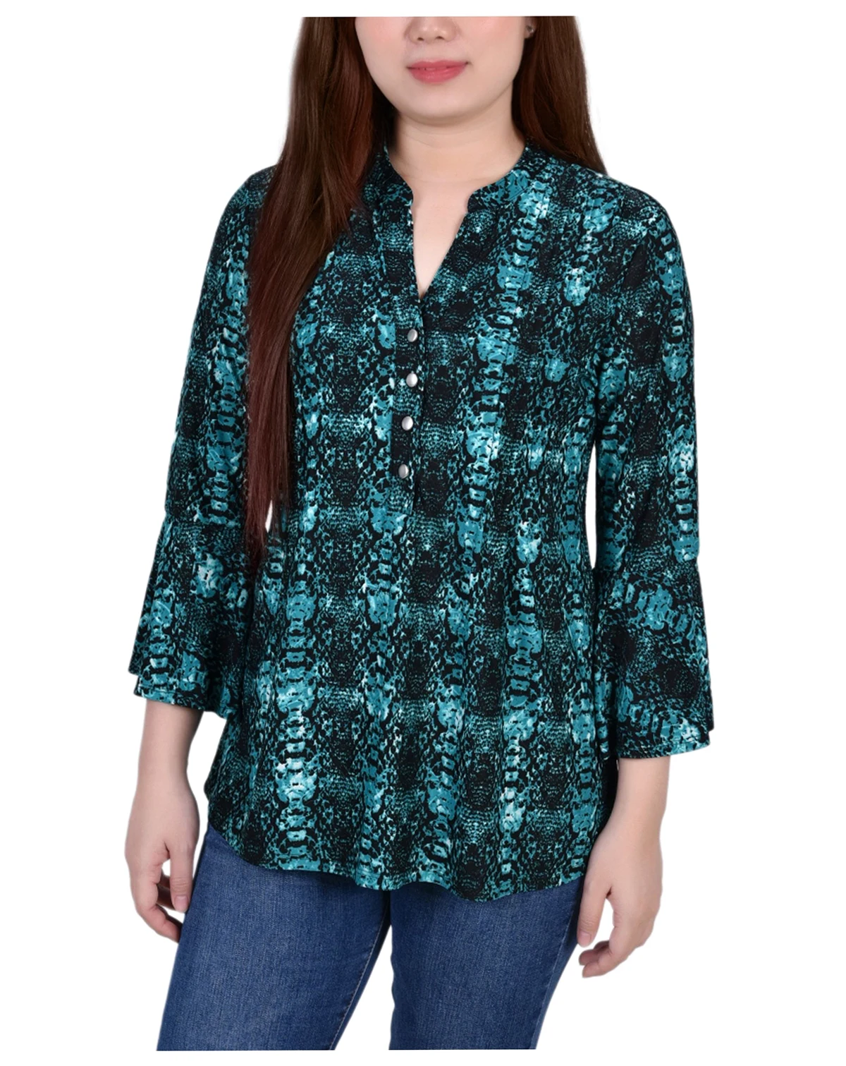 Women's 3/4 Bell Sleeve Pleat Front Y-neck Top