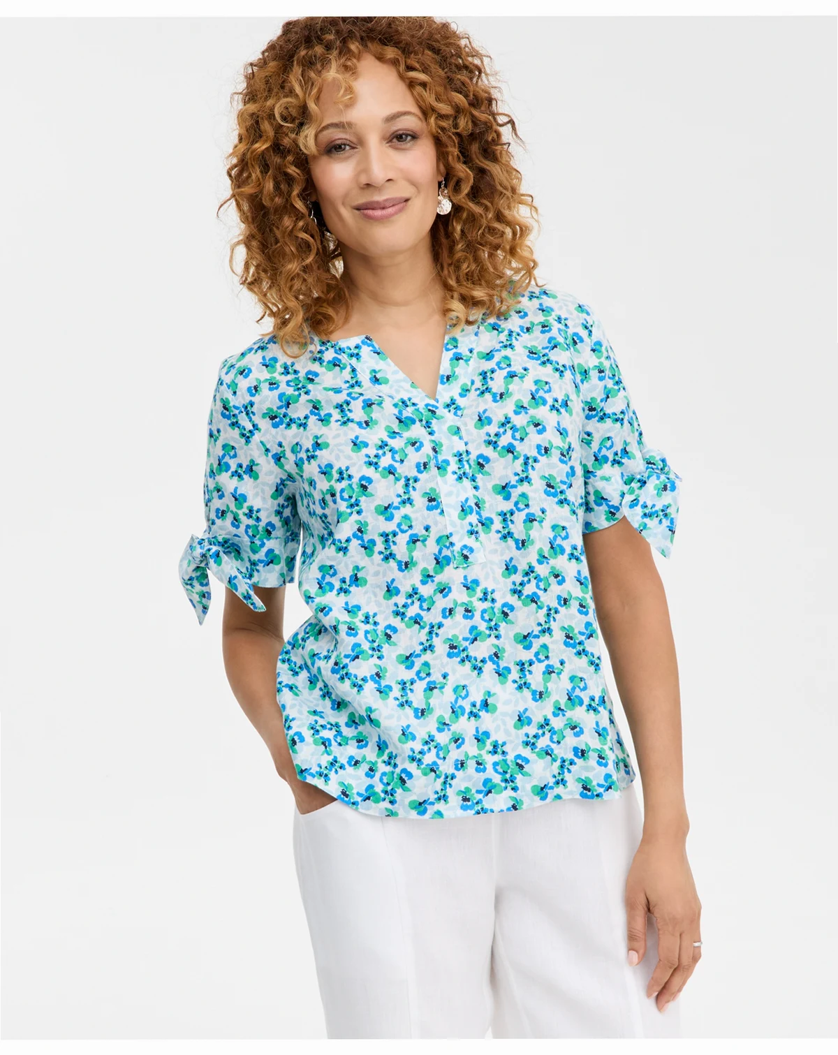 Women's 100% Linen Tie-Cuff Split-Neck Top, Macy's Exclusive