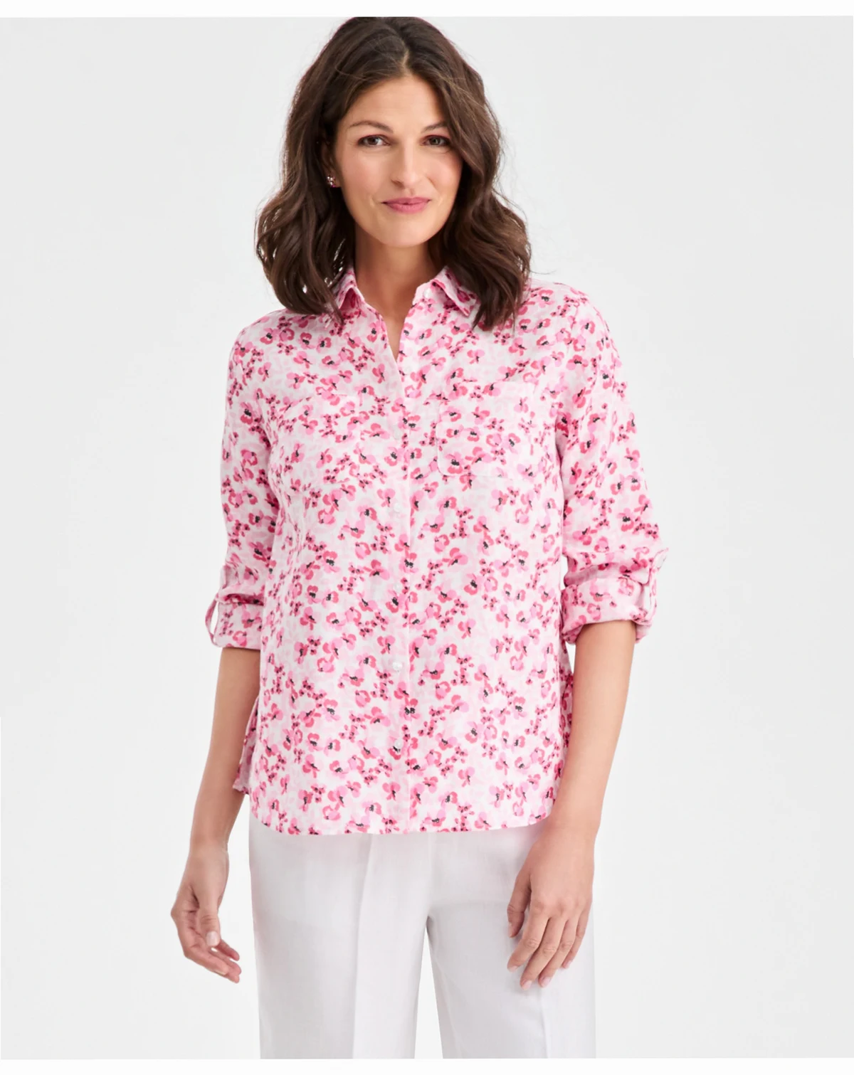 Women's 100% Linen Floral Roll-Tab-Sleeve Shirt, Macy's Exclusive
