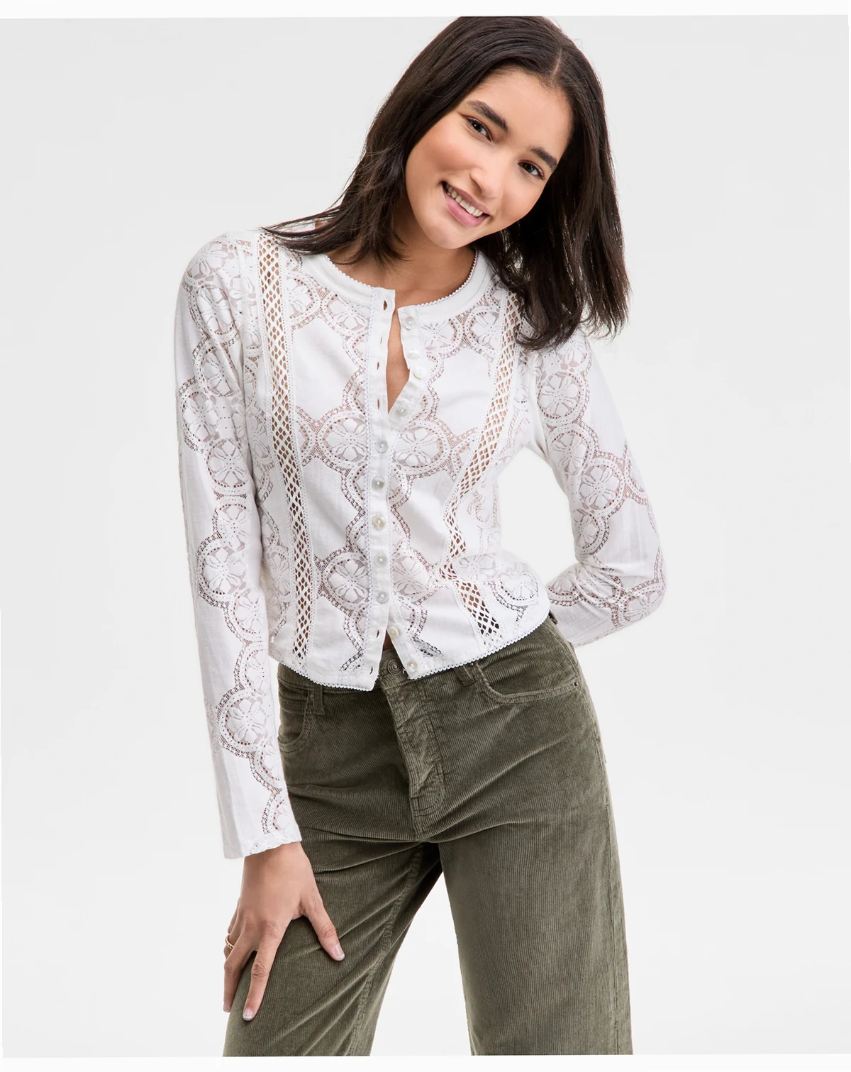 Women's Button-Front Long Sleeve Lace Top