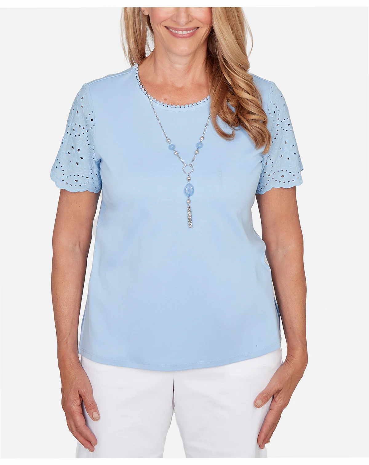 Women's Classic Solid Eyelet Sleeve T-Shirt with Necklace