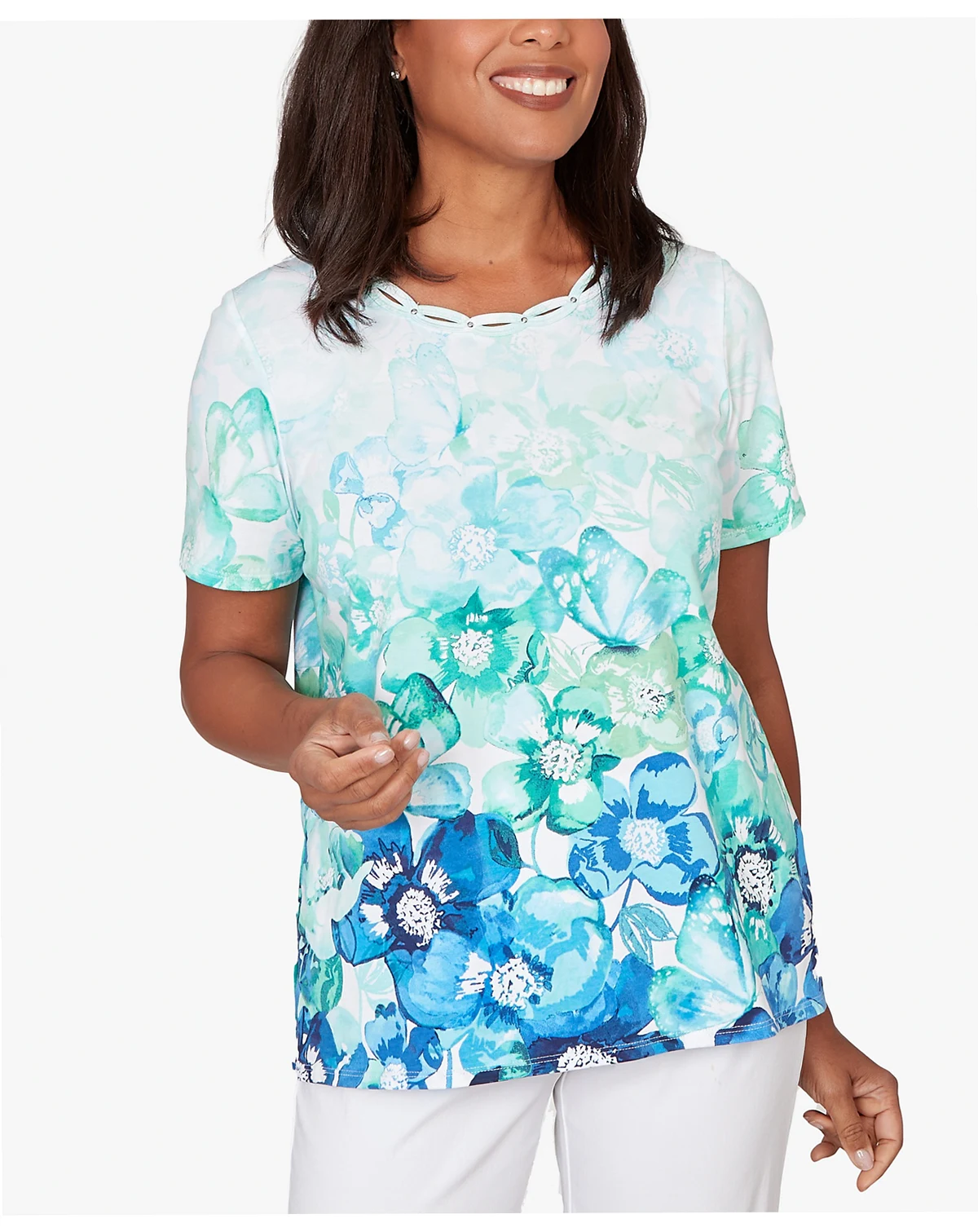 Women's Floral Ombre Embellished Neck T-Shirt