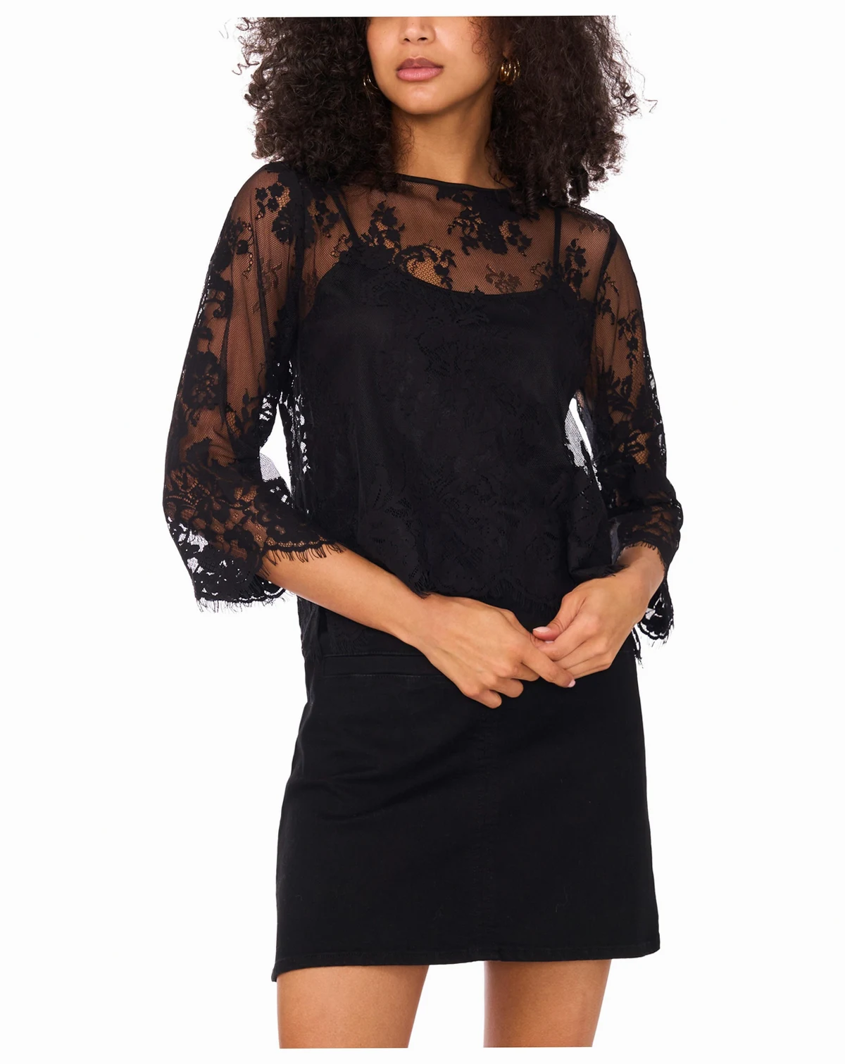 Women's Floral-Lace Scalloped-Hem 3/4-Sleeve Top