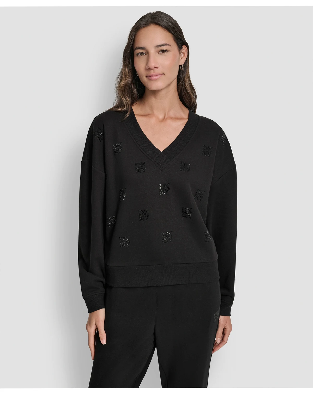 Women's Allover Stack Rhinestone V-Neck Sweatshirt