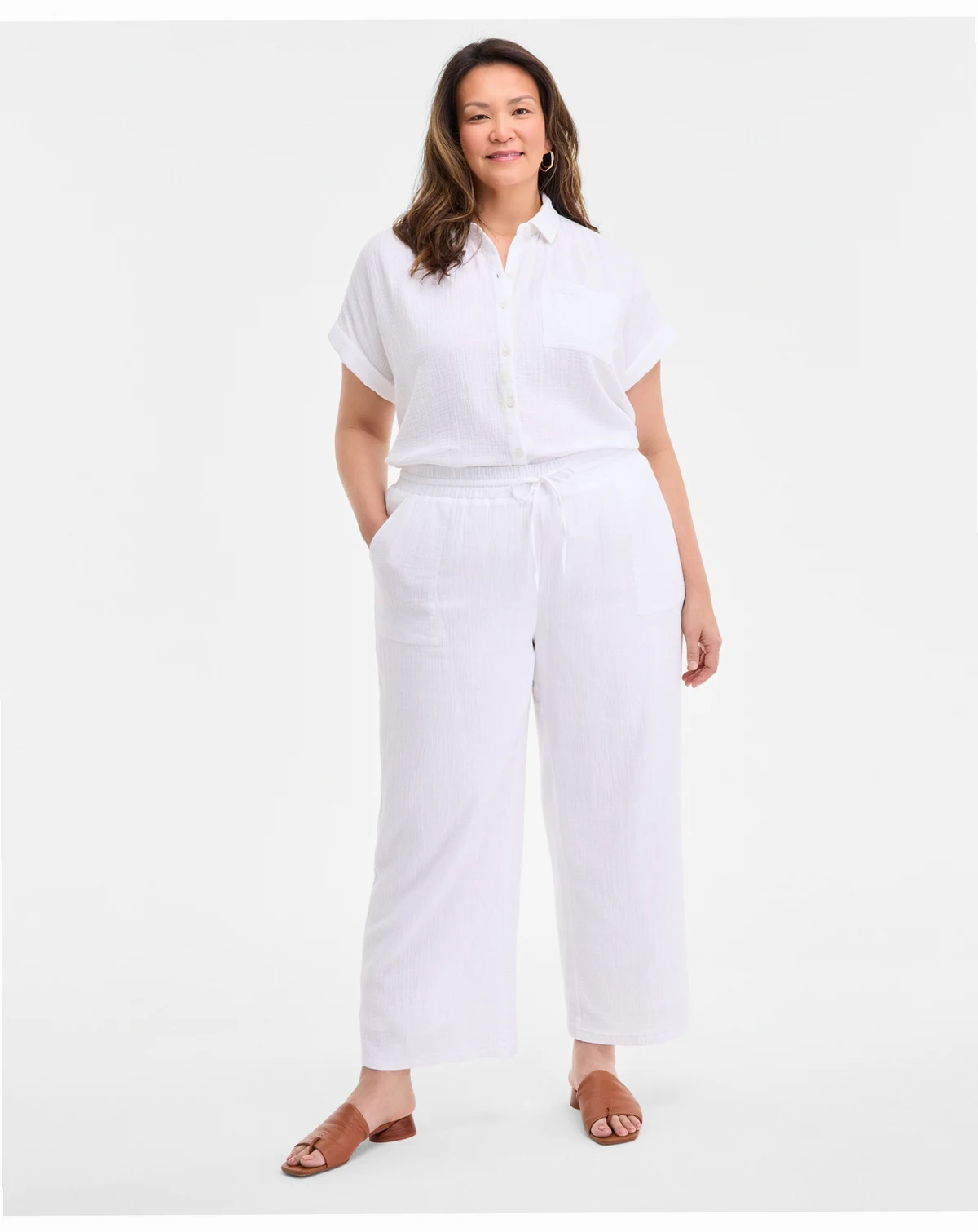 Plus Size Cotton Gauze Drawstring Mid-Rise Wide-Leg Pants, Exclusively at Macy's