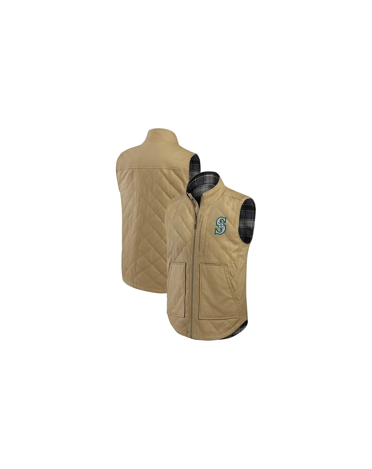 Darius Rucker Collection by Men's Tan/Charcoal Seattle Mariners Reversible Canvas Plaid Patch Full-Zip Vest