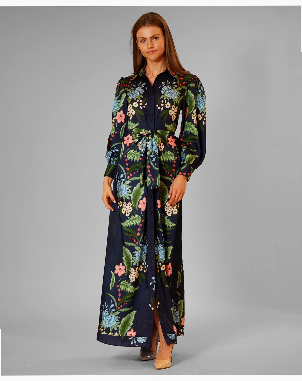 Women's Long-Sleeve Collared Maxi Shirt Dress