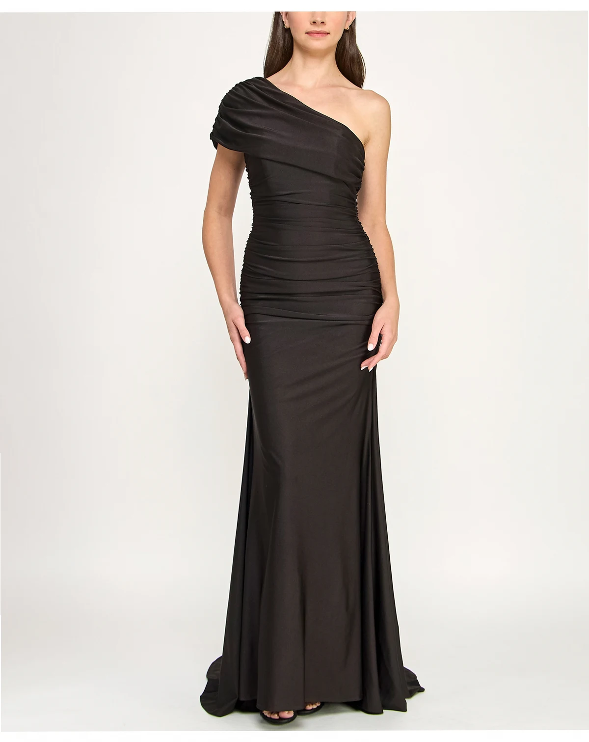 Juniors' One-Shoulder Draped Floor-Sweeping Gown
