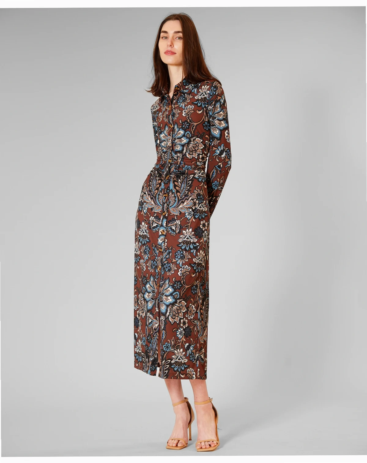 Women's Printed Long-Sleeve Collared Dress