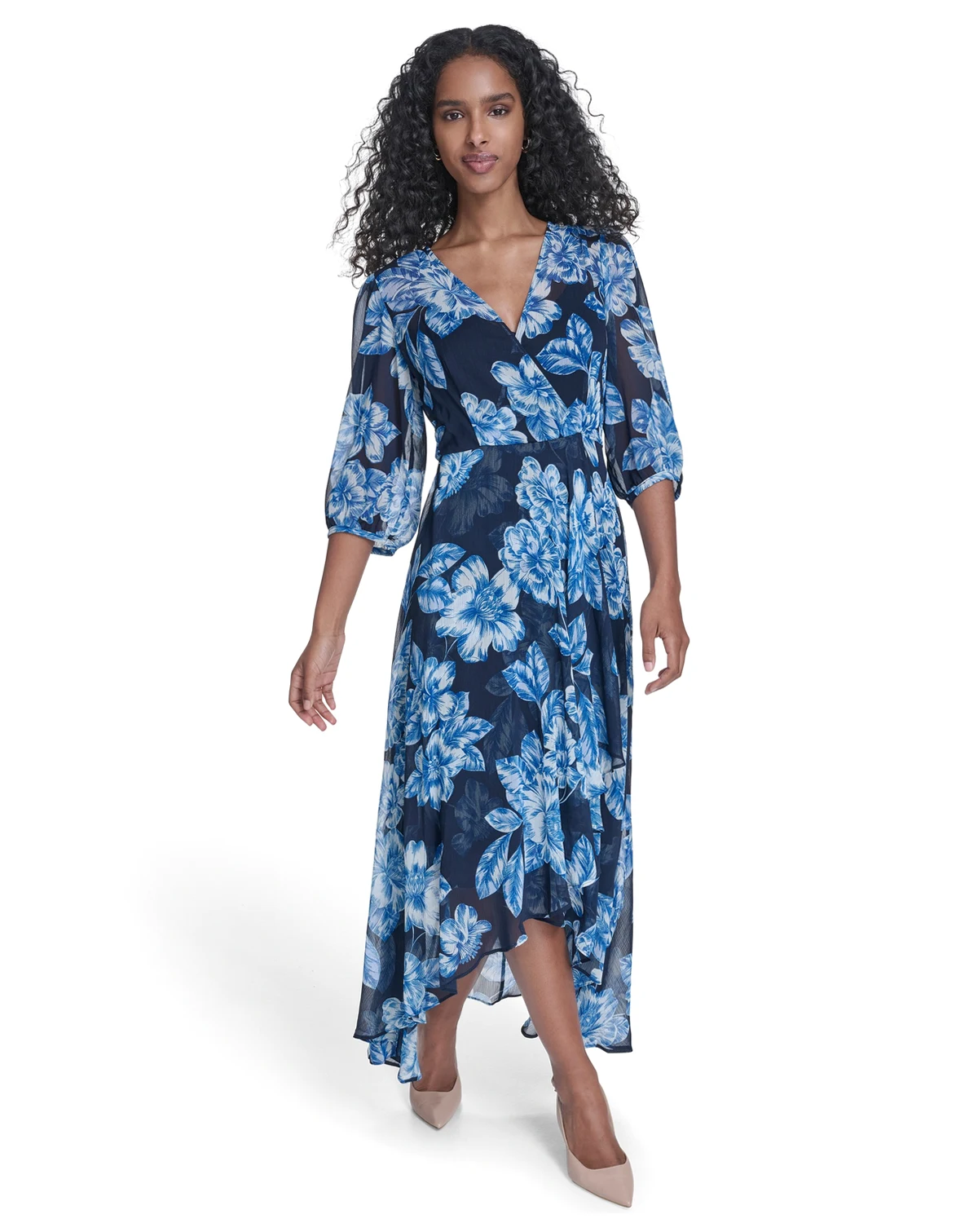 Women's Balloon-Sleeve Faux Wrap Dress