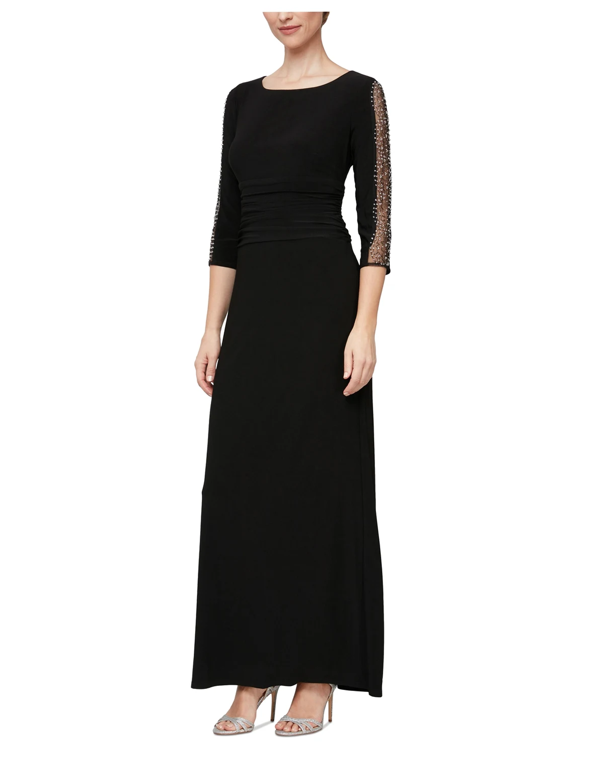 Women's Beaded-Sleeve Ruched-Waist Gown
