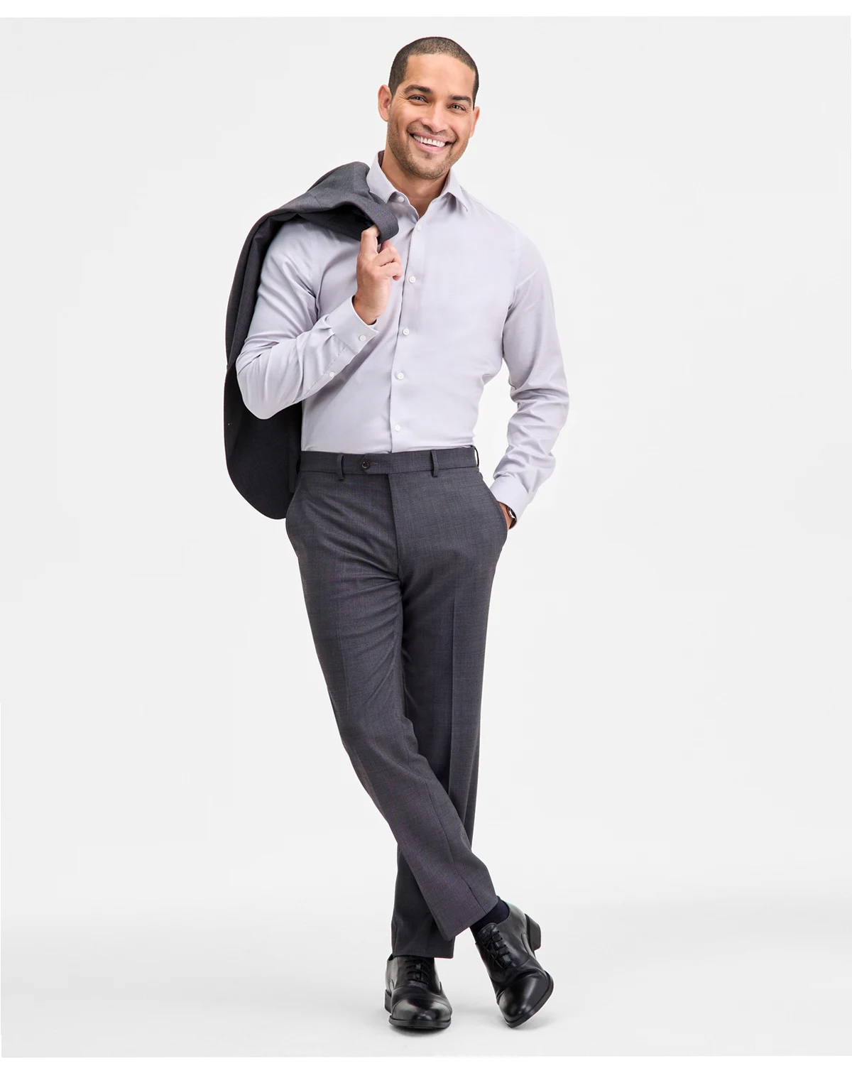 Men's Modern-Fit Stretch Charcoal Birdseye Wool-Blend Suit Separate Pants