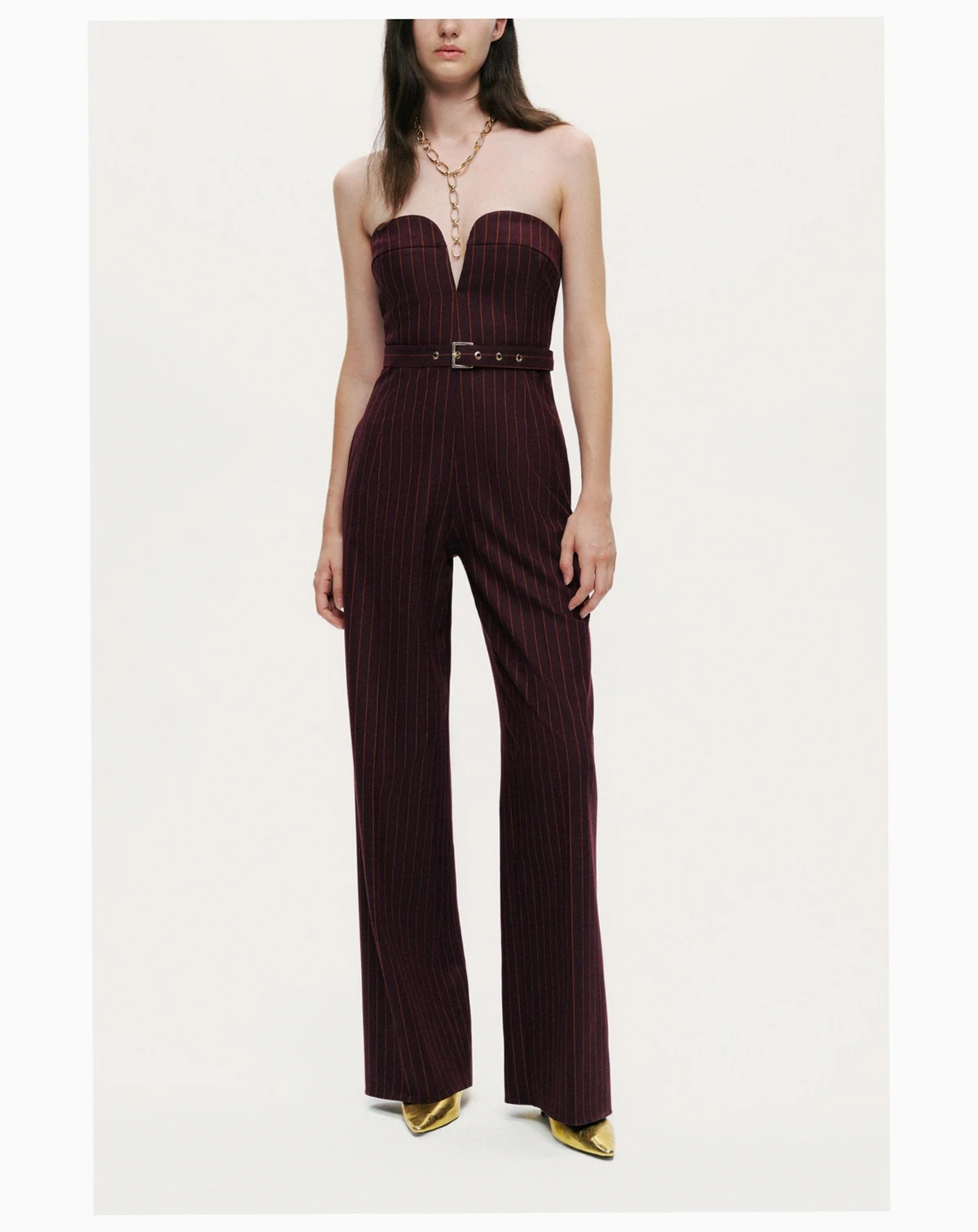 Women's Strapless Pinstripe Belted Jumpsuit