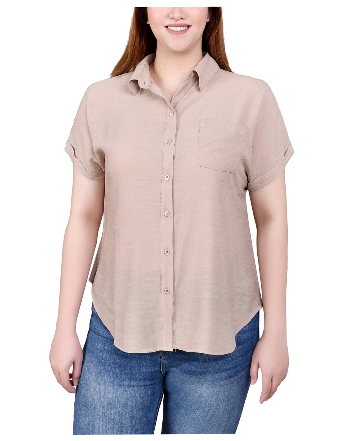 Short Sleeve Woven Front-Jersey Back Top